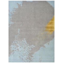 Light Blue Gray Gold Modern Abstract Hand Knotted Rug 