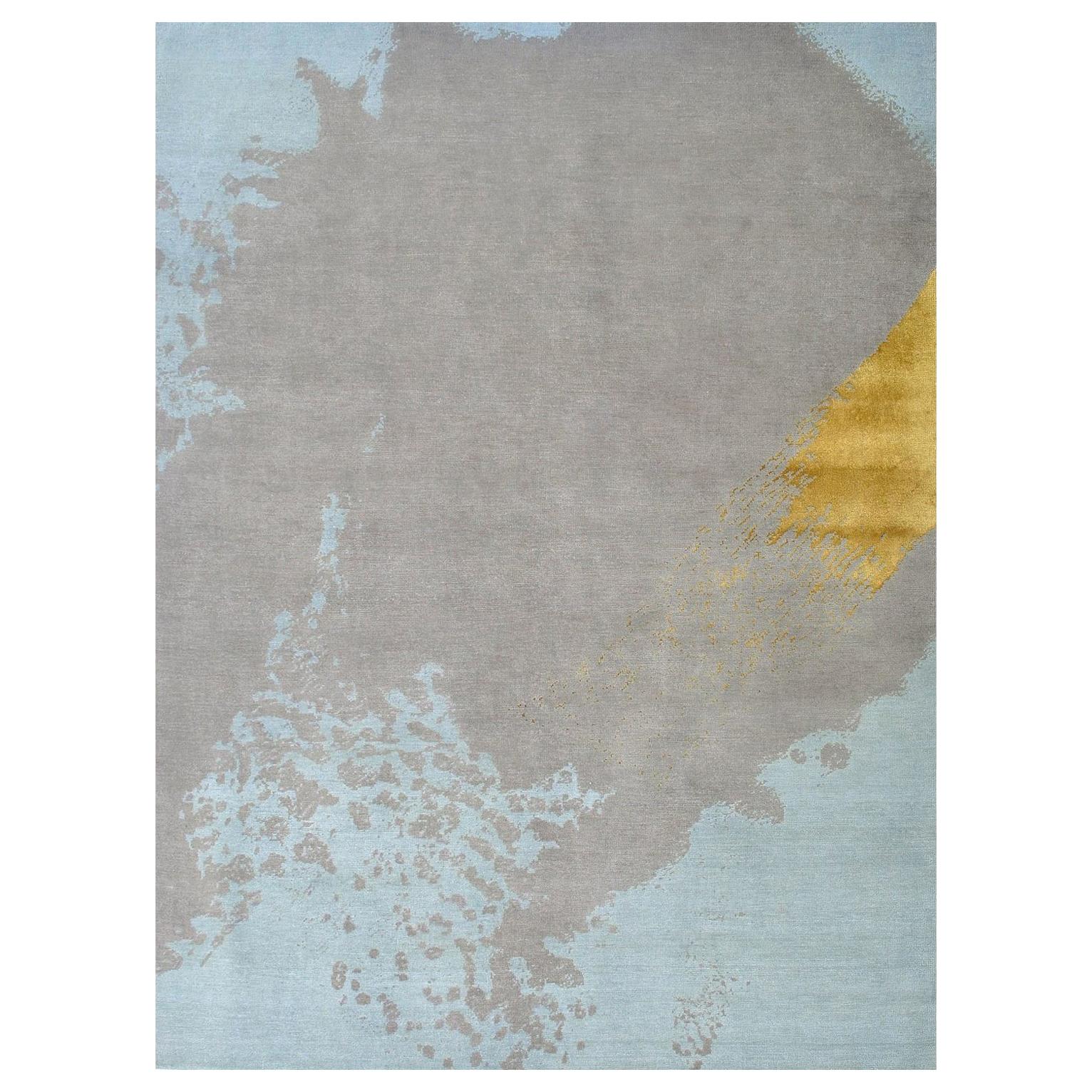 Hellblau Grau Gold Modernistisch Abstrakt Handgeknüpft Teppich im Angebot
