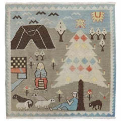 Light Blue Gray Scenic Pictorial Animal Design Turkish Kilim