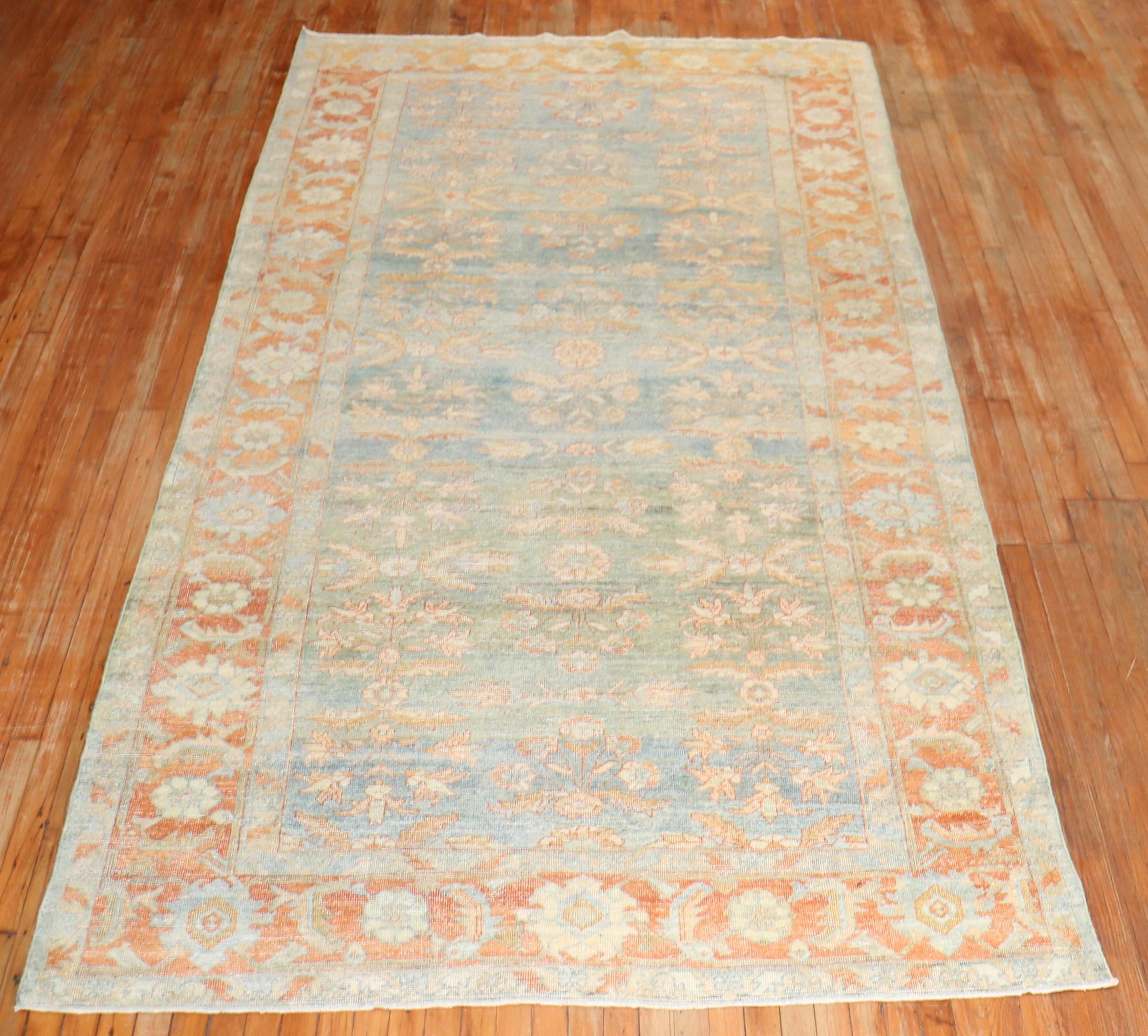 Agra Light Blue Green Antique Persian Mahal Gallery Size Rug For Sale