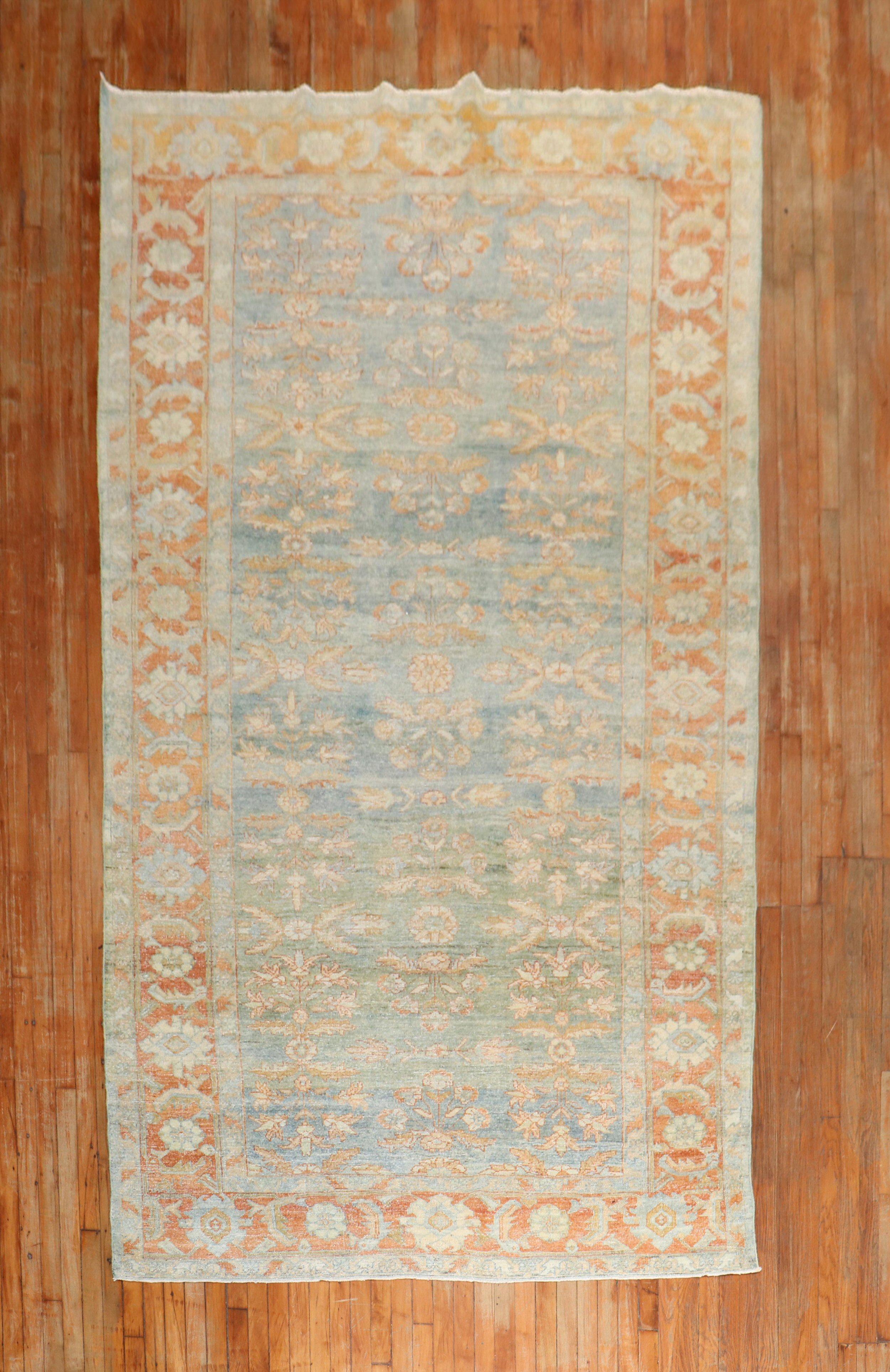 Hand-Knotted Light Blue Green Antique Persian Mahal Gallery Size Rug For Sale
