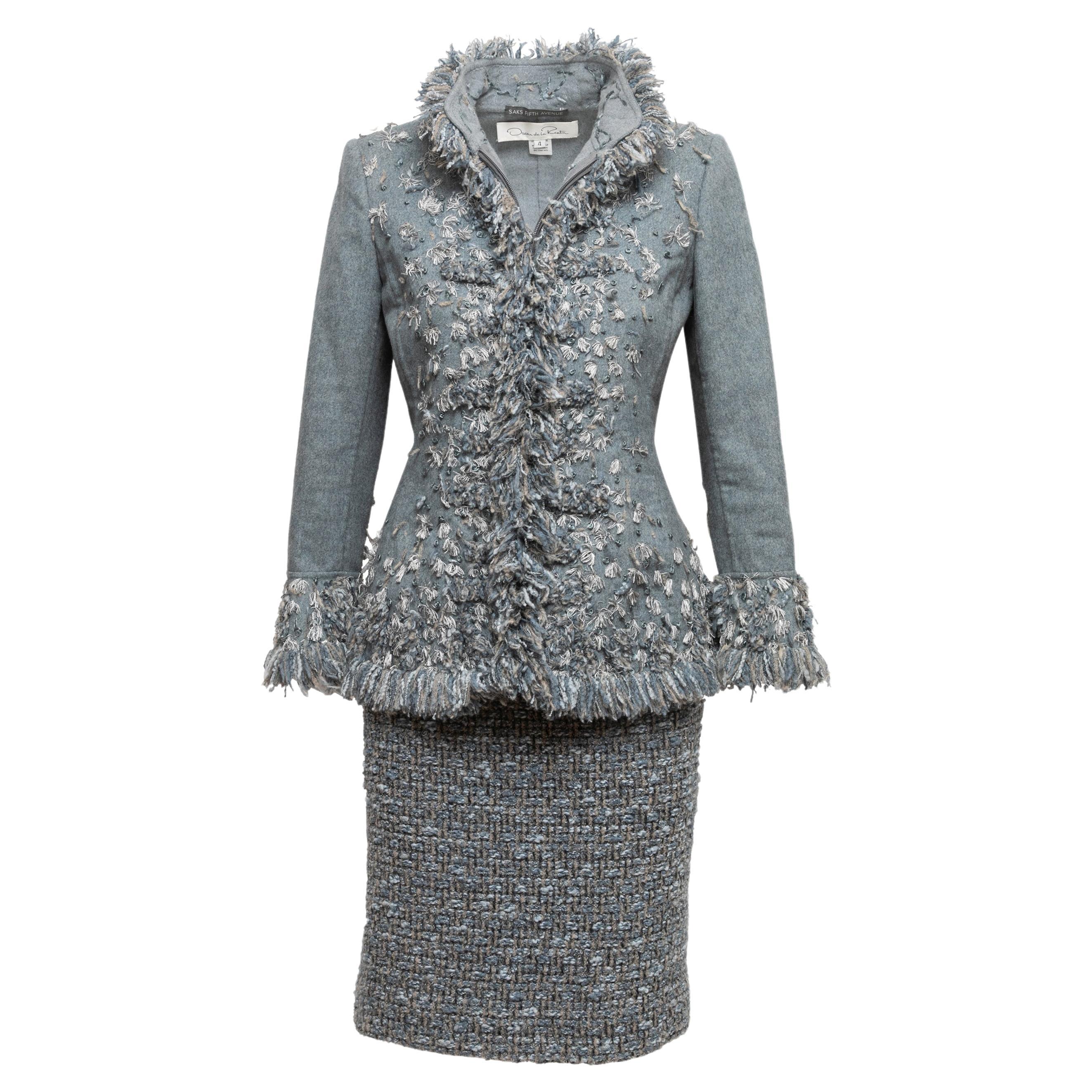 Light Blue & Grey Oscar de la Renta Wool & Cashmere Skirt Suit For Sale