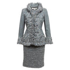 Light Blue & Grey Oscar de la Renta Wool & Cashmere Skirt Suit
