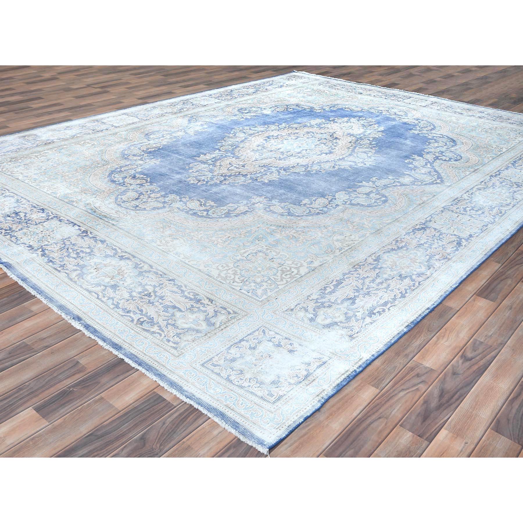 Medieval Light Blue Hand Knotted Cropped Thin Worn Wool Distressed Old Persian Kerman Rug For Sale