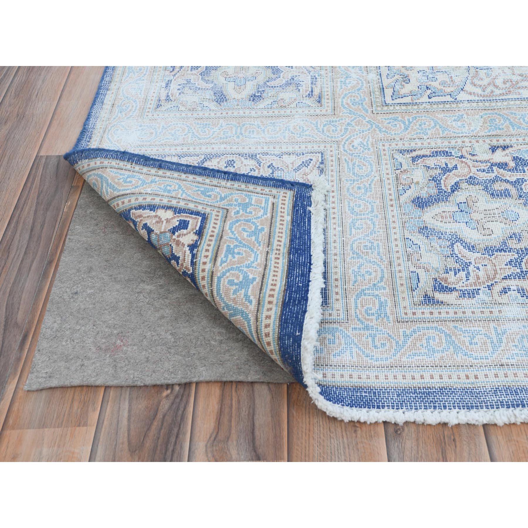 Hand-Knotted Light Blue Hand Knotted Cropped Thin Worn Wool Distressed Old Persian Kerman Rug For Sale