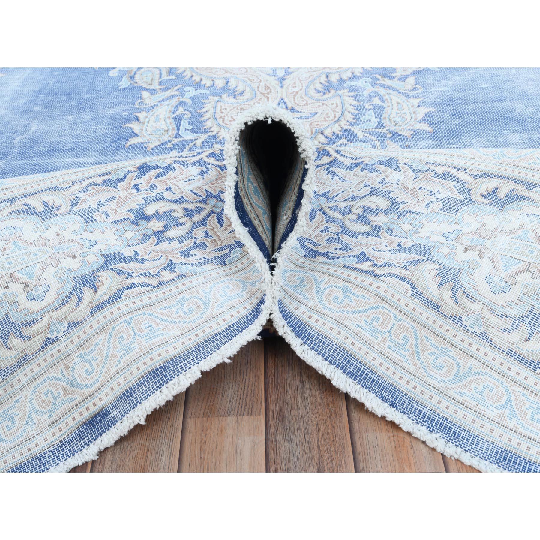 Light Blue Hand Knotted Cropped Thin Worn Wool Distressed Old Persian Kerman Rug In Good Condition For Sale In Carlstadt, NJ