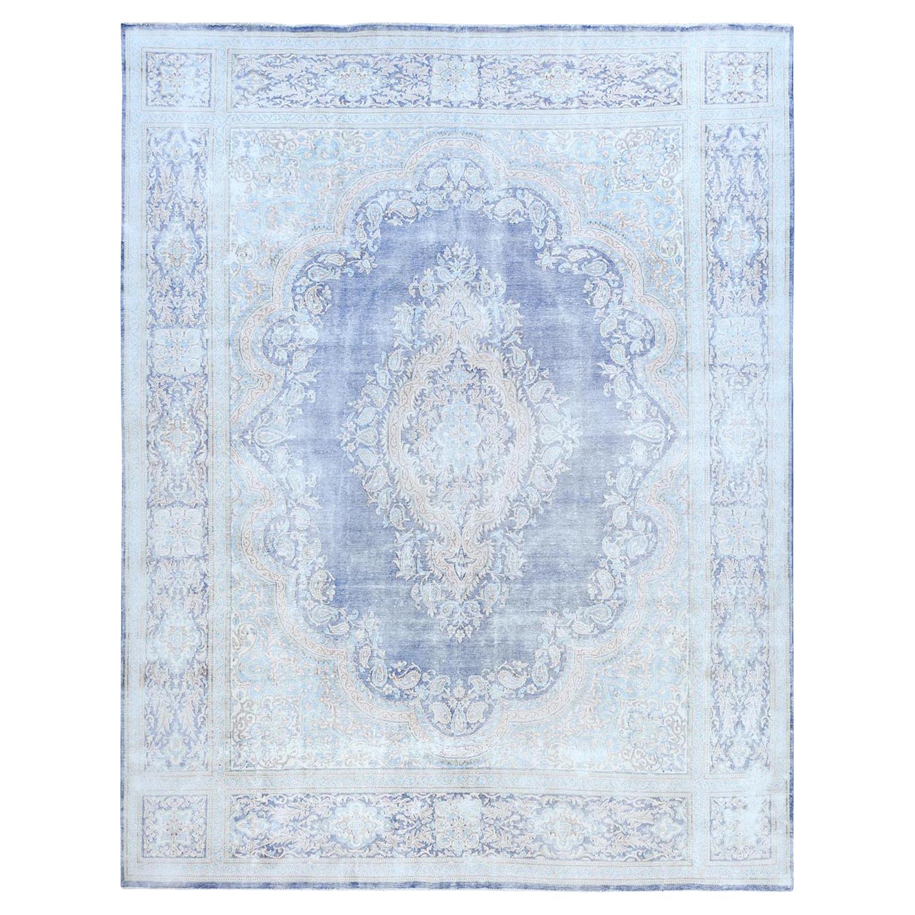 Light Blue Hand Knotted Cropped Thin Worn Wool Distressed Old Persian Kerman Rug For Sale