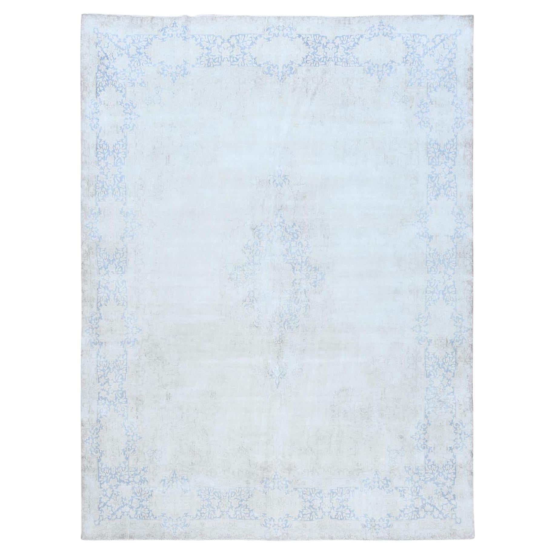 Light Blue Hand Knotted Cropped Thin Worn Wool Distressed Old Persian Kerman Rug For Sale