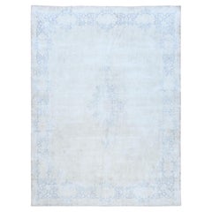 Light Blue Hand Knotted Cropped Thin Worn Wool Distressed Old Persian Kerman Rug