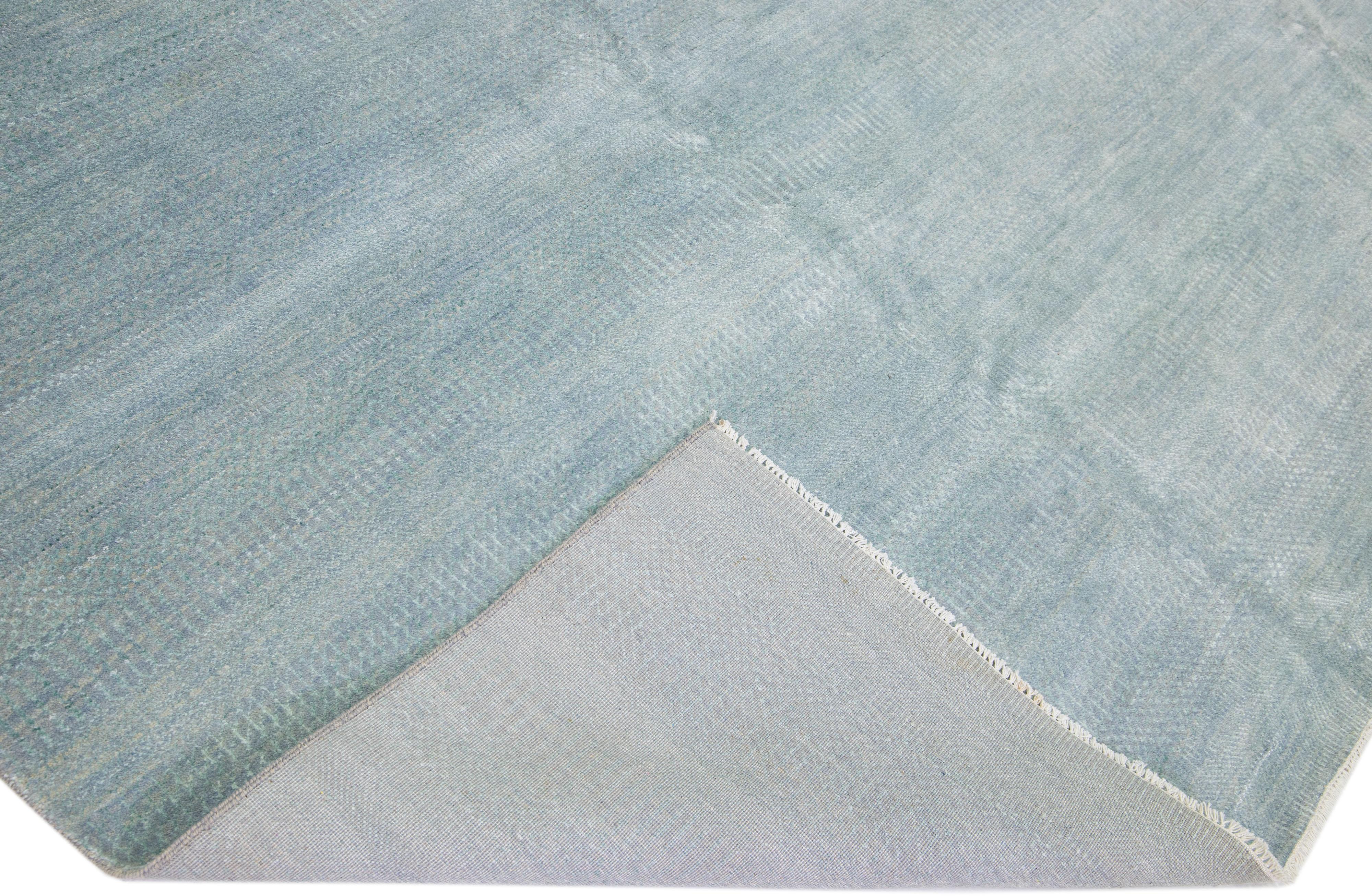 Light Blue Handmade Modern Indian Wool Rug with Geometric Motif For Sale 1