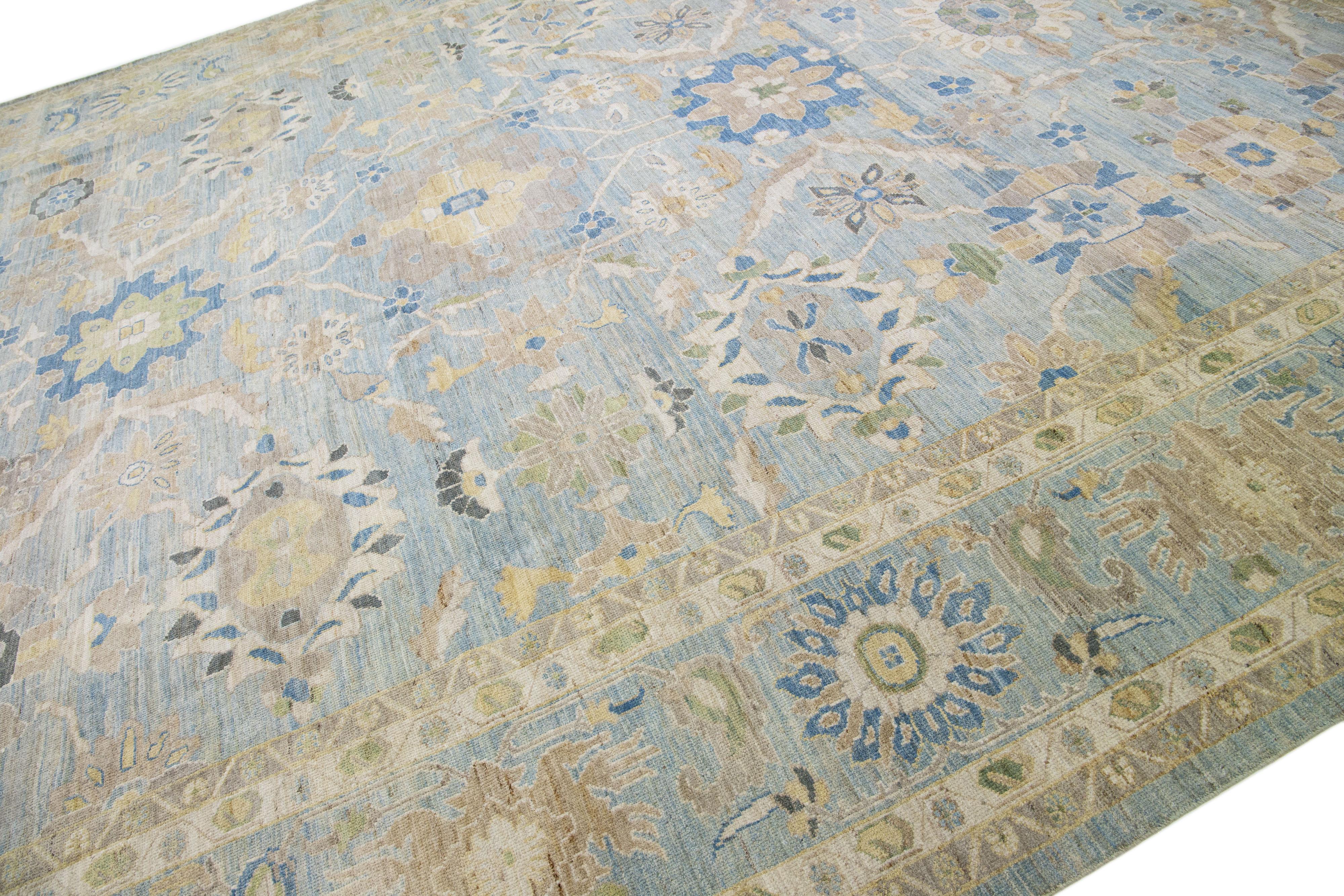 Persian Light Blue Handmade Modern Sultanabad Oversize Wool Rug with Floral Motif For Sale