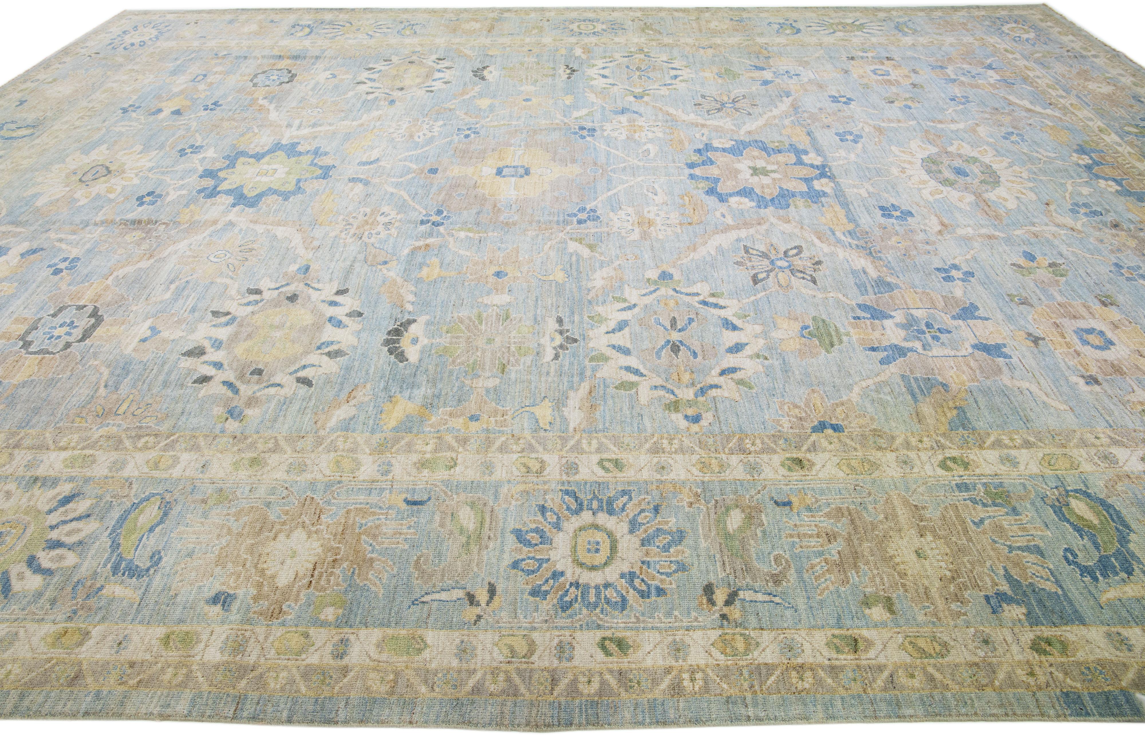Hand-Knotted Light Blue Handmade Modern Sultanabad Oversize Wool Rug with Floral Motif For Sale
