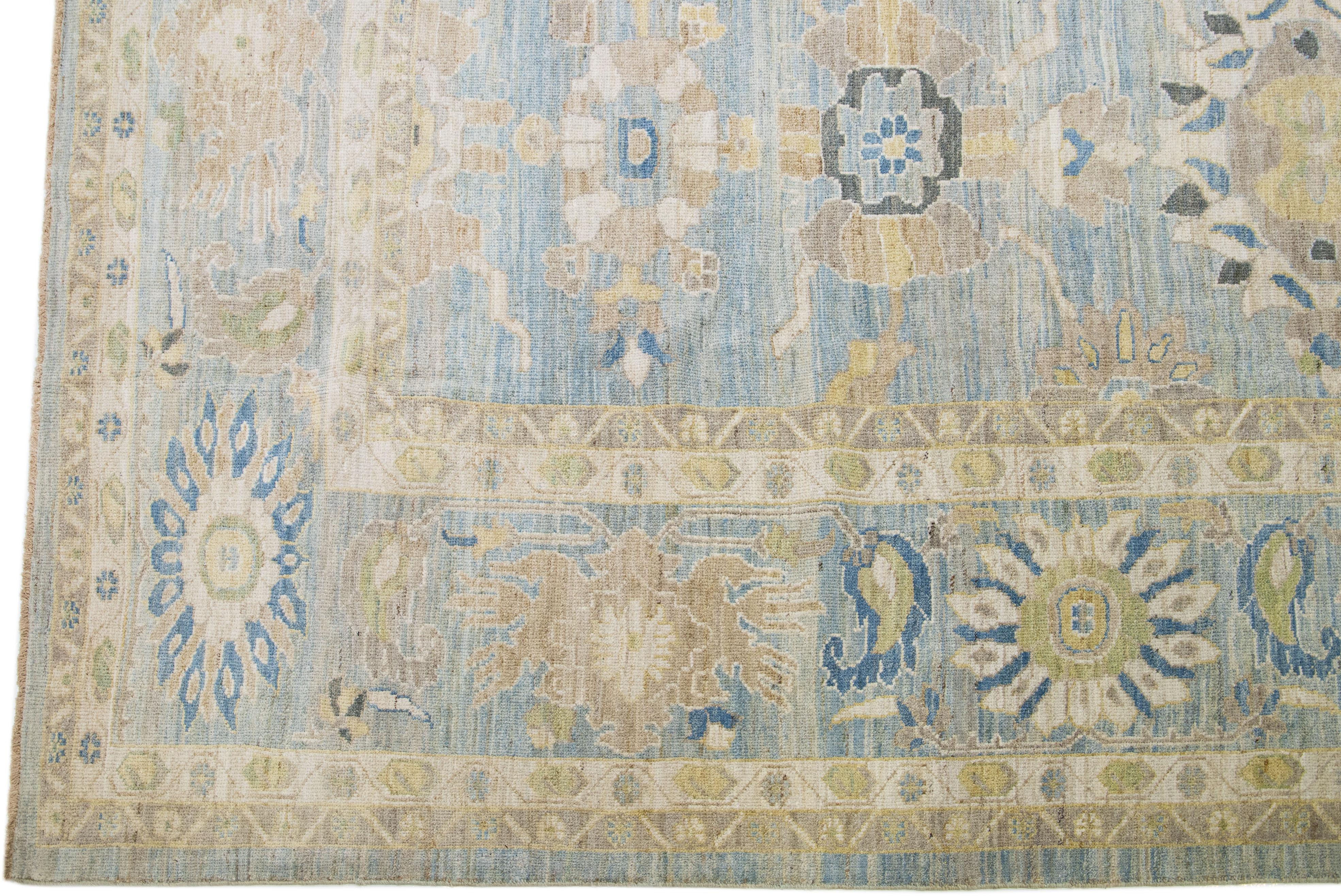 Contemporary Light Blue Handmade Modern Sultanabad Oversize Wool Rug with Floral Motif For Sale
