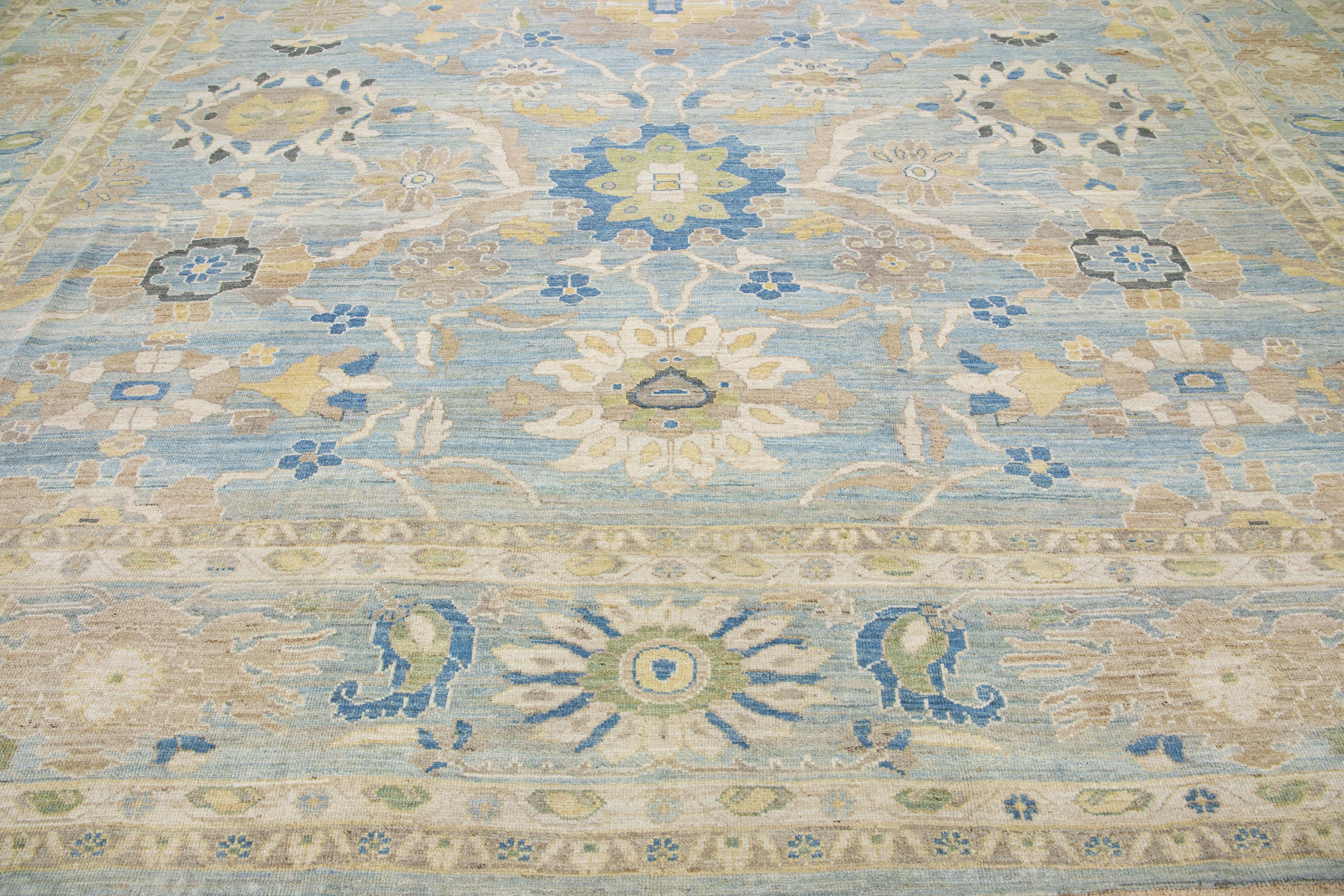 Light Blue Handmade Modern Sultanabad Oversize Wool Rug with Floral Motif For Sale 1