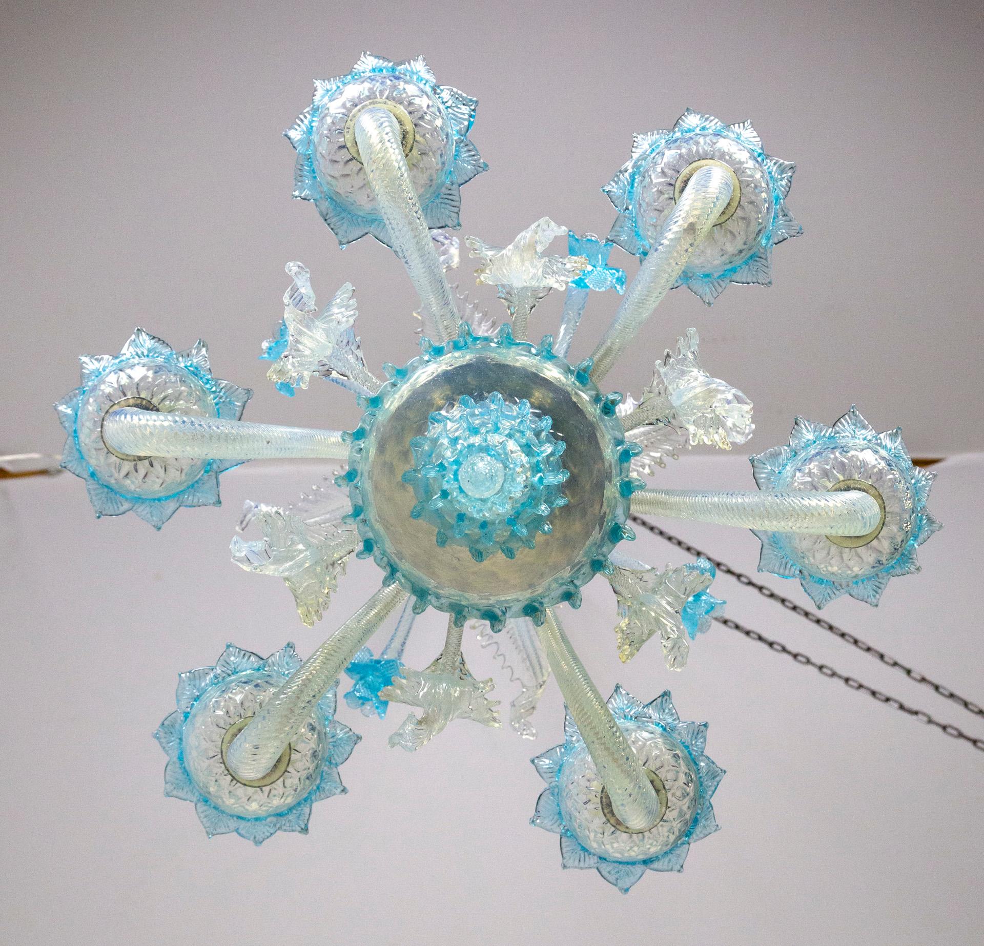 Light Blue & Iridescent White Murano 6-Light Daffodil Chandelier 4