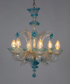 Light Blue & Iridescent White Murano 6-Light Daffodil Chandelier