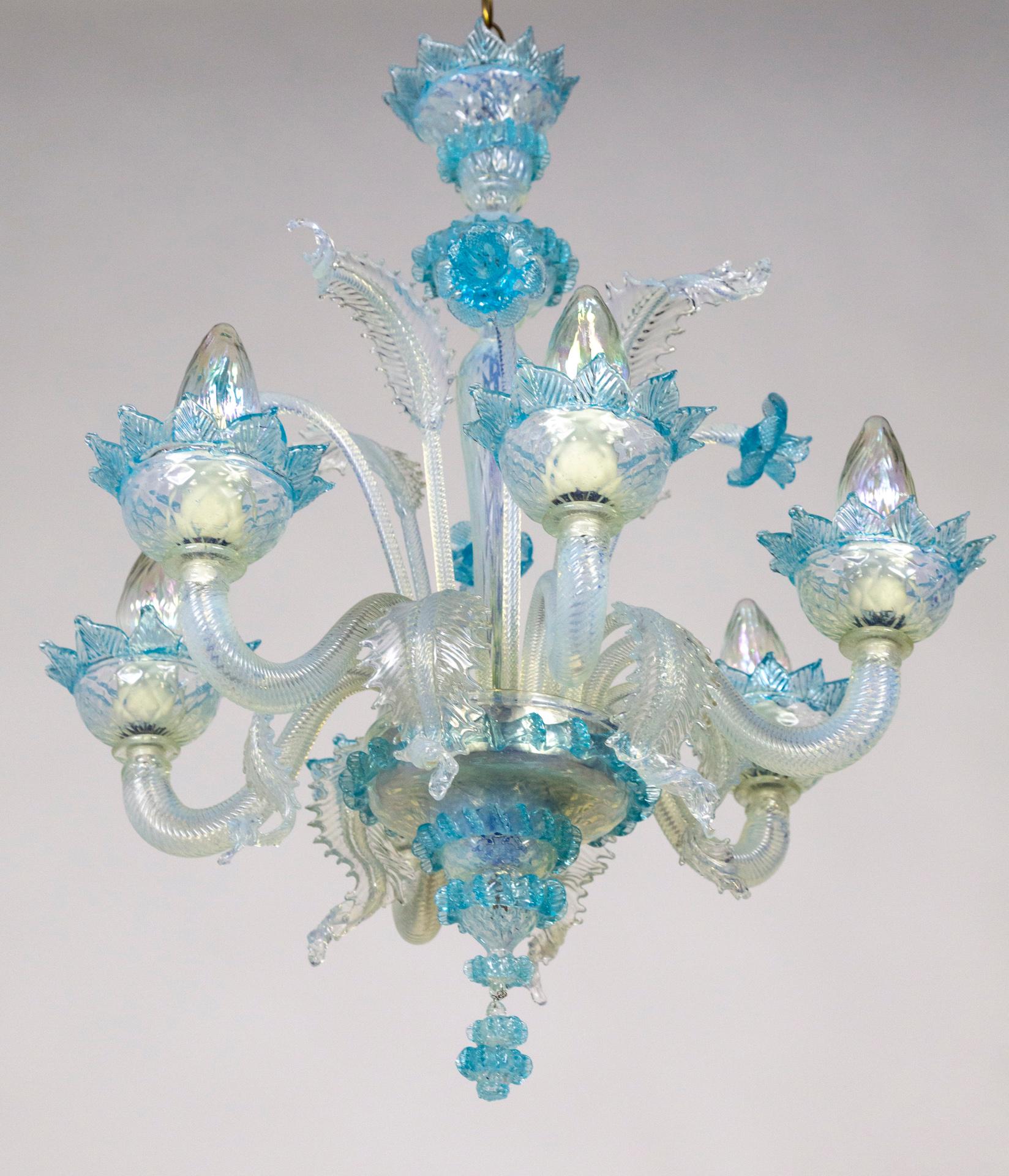Romantic Light Blue & Iridescent White Murano 6-Light Daffodil Chandelier
