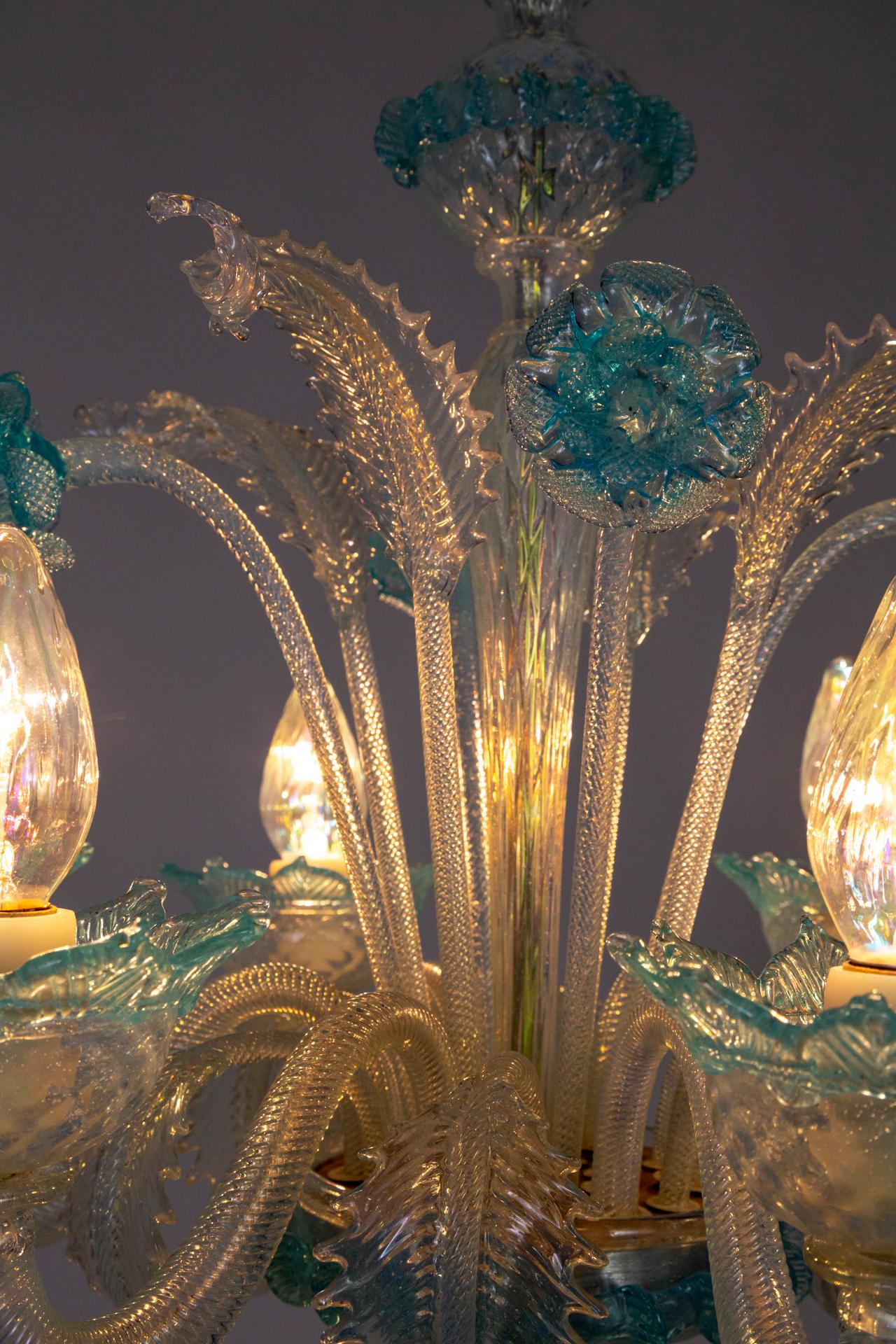 Hand-Carved Light Blue & Iridescent White Murano 6-Light Daffodil Chandelier