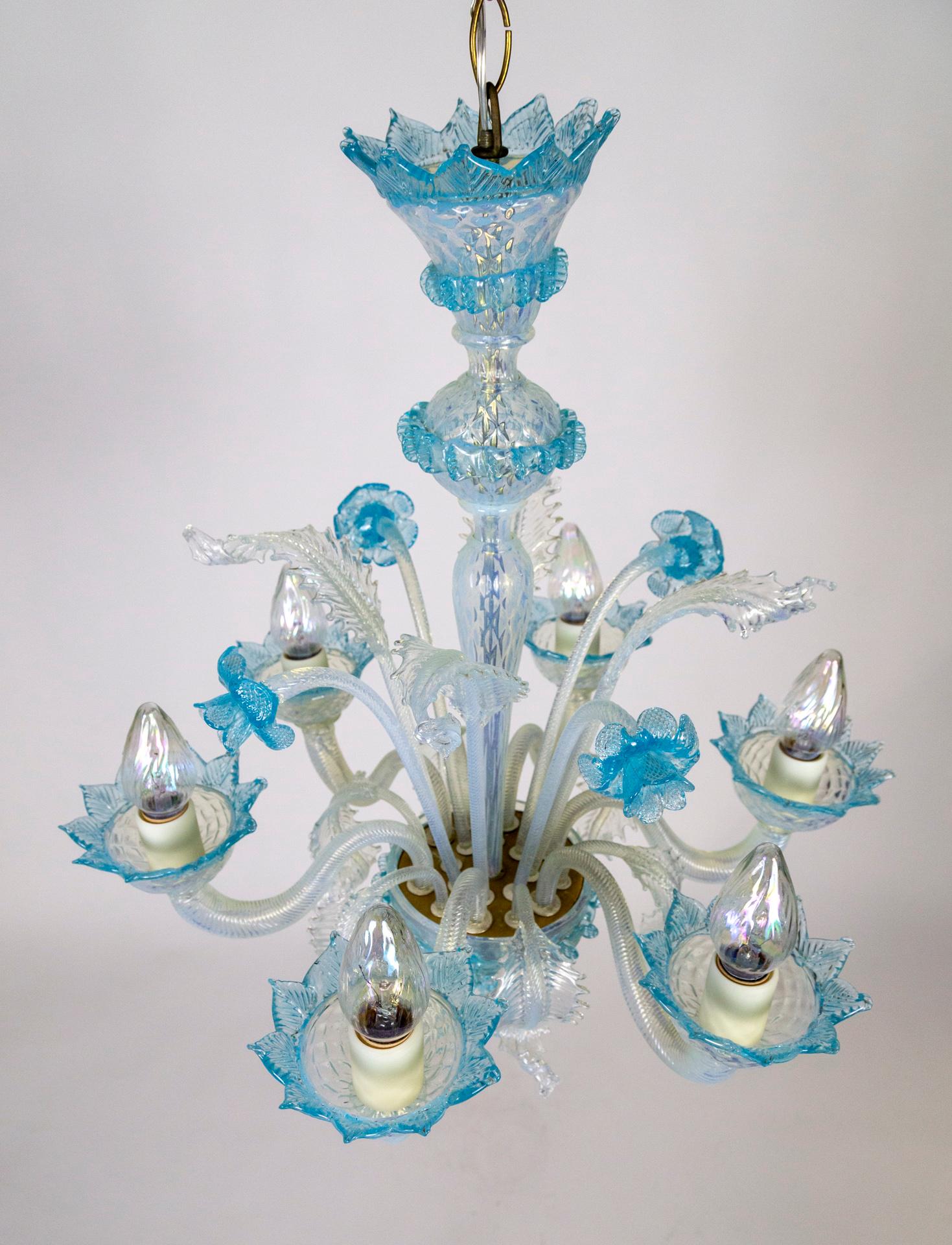 Glass Light Blue & Iridescent White Murano 6-Light Daffodil Chandelier