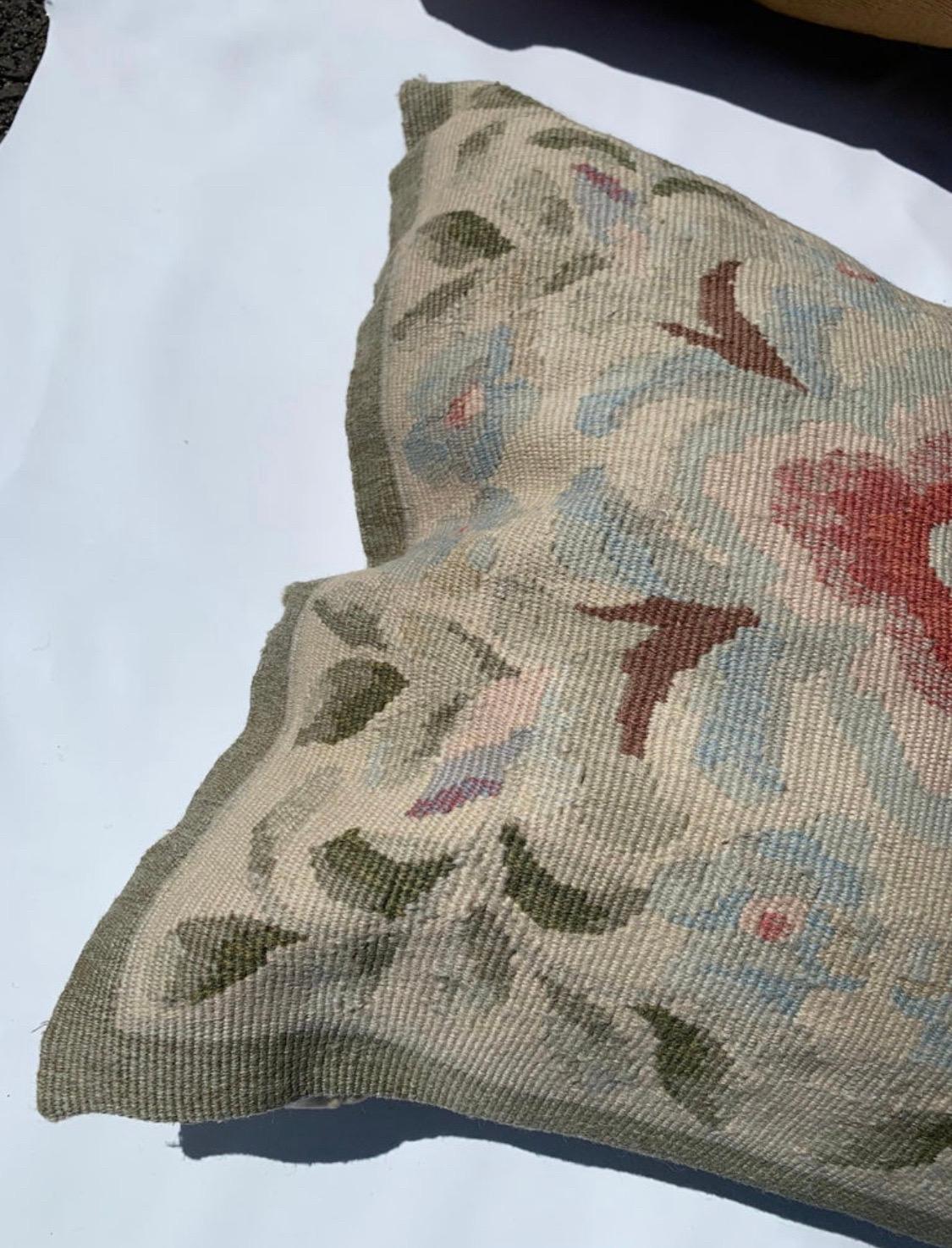 Chinese Light Blue Ivory French Provincial Floral Needlepoint Square Cushion Pillow For Sale
