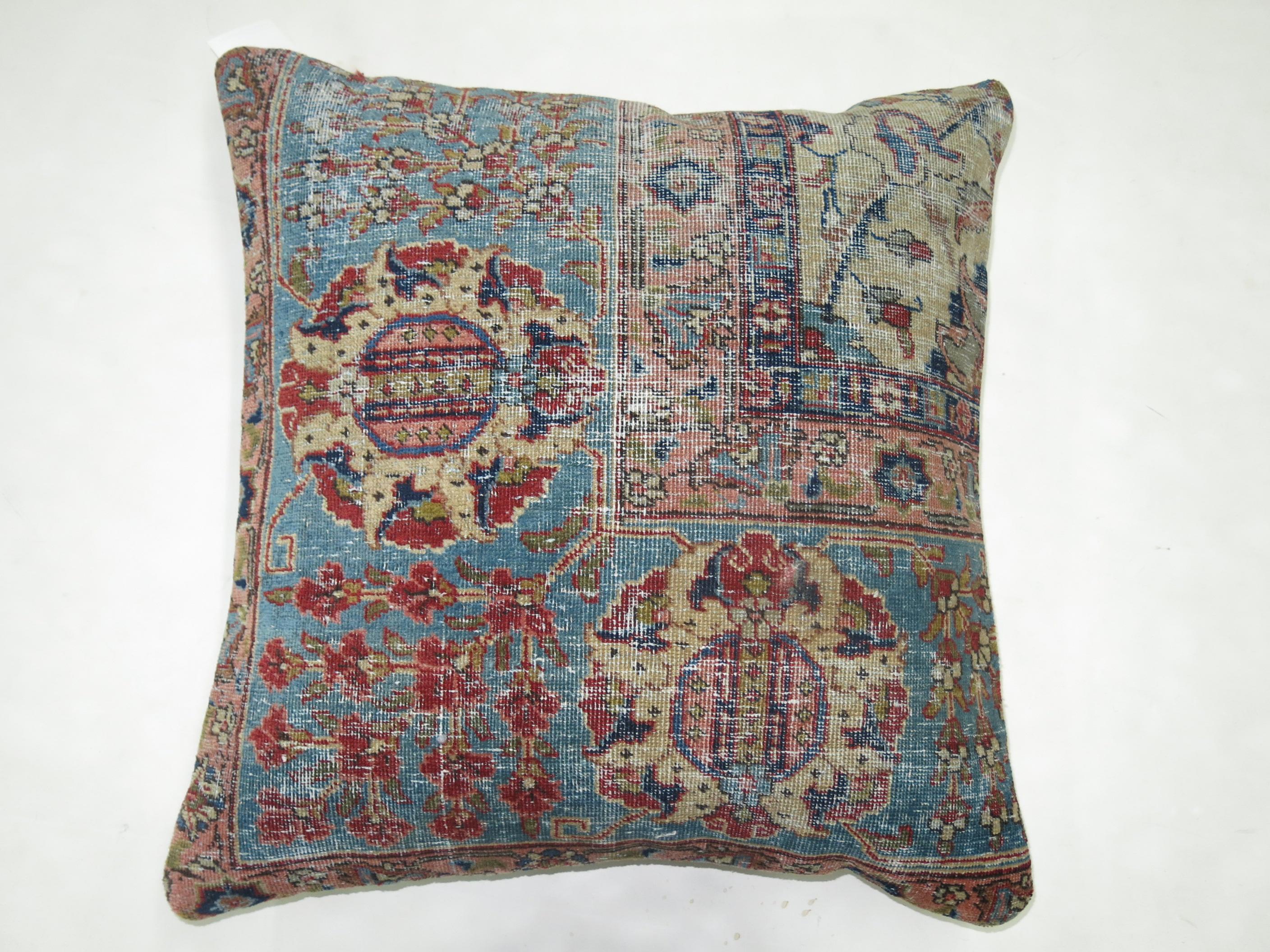 Light Blue Ivory Persian Tabriz Shabby Chic Pillow In Fair Condition In New York, NY