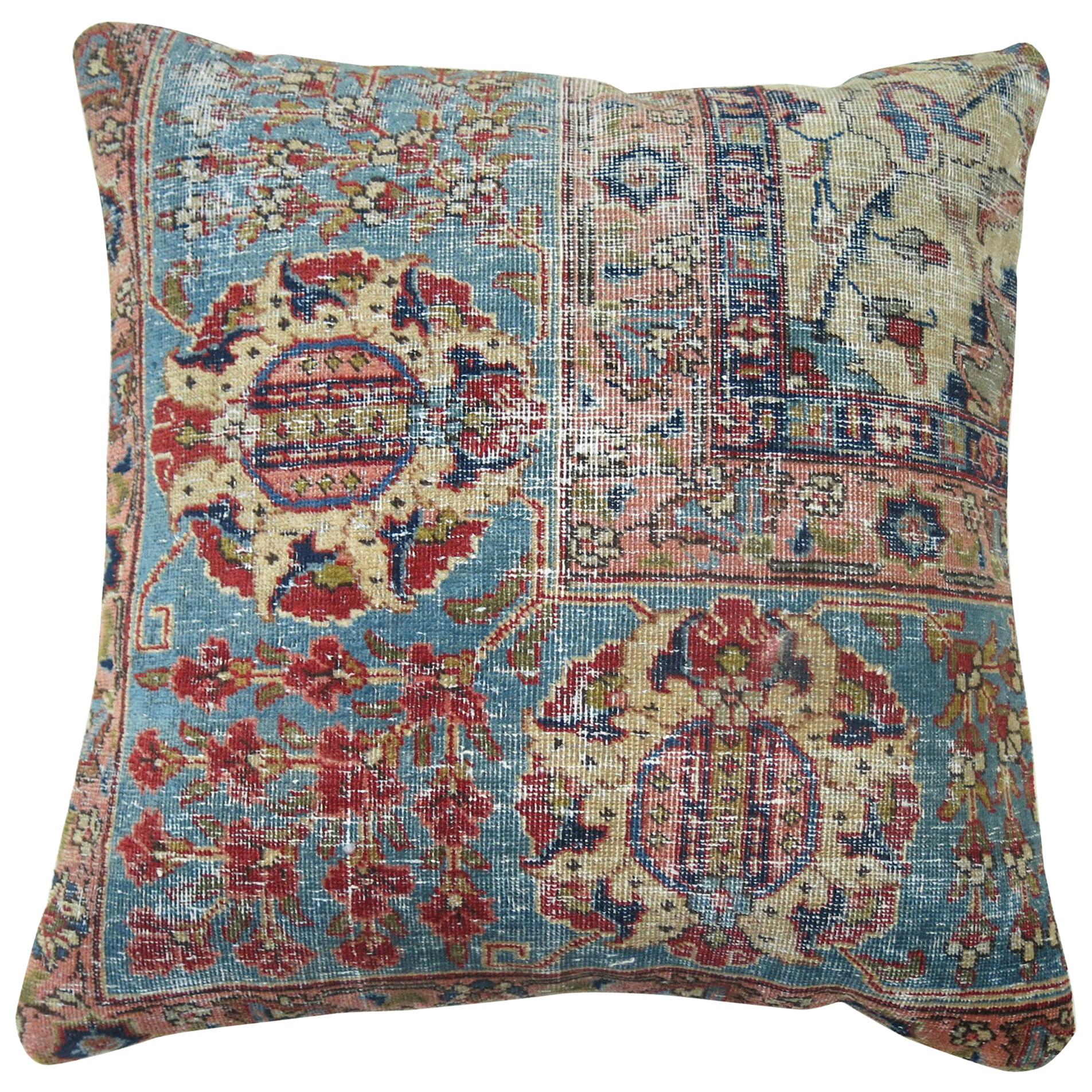 Light Blue Ivory Persian Tabriz Shabby Chic Pillow