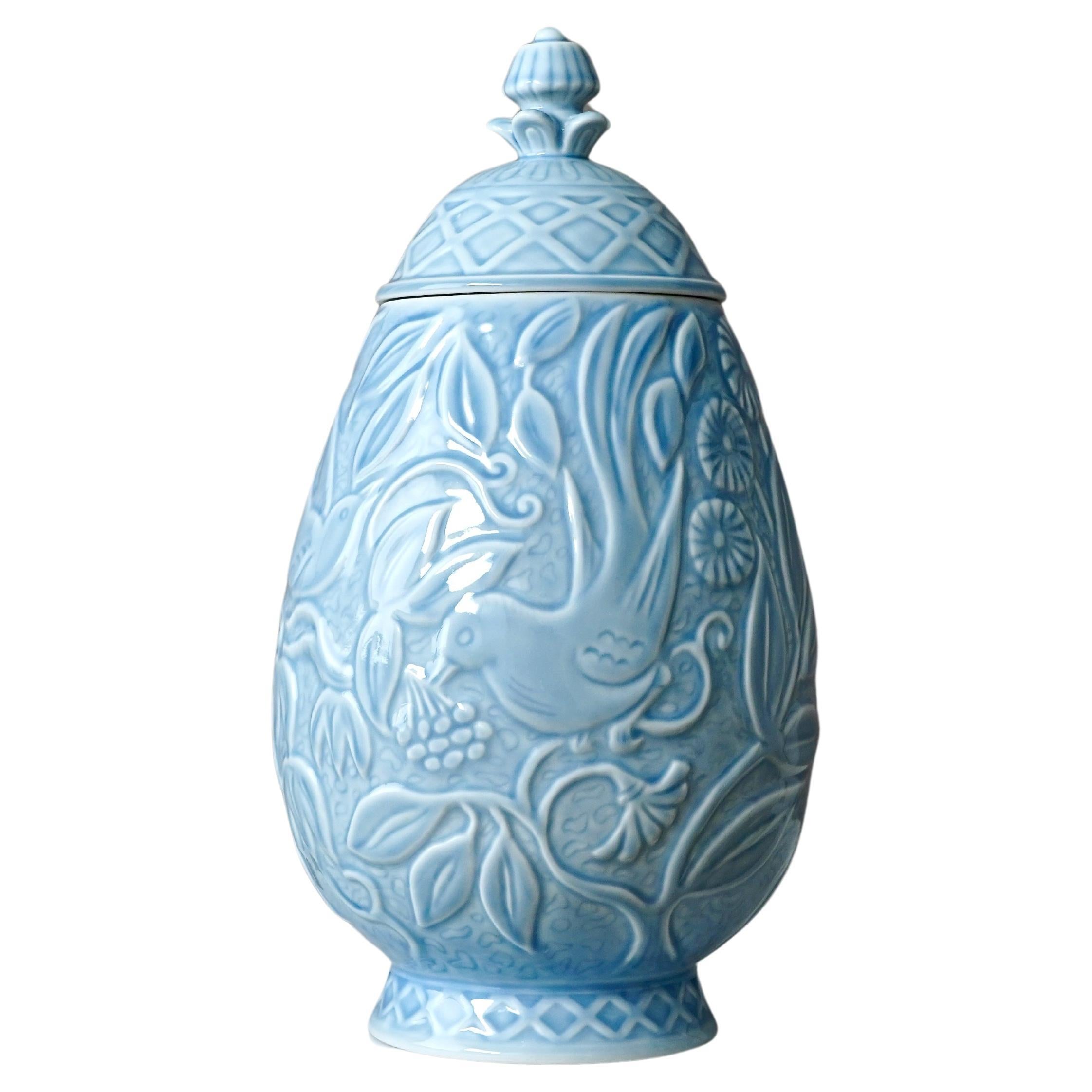 Hellblaue Steinguturne mit Deckel von Gunnar Nylund für Rorstrand, Schweden, 1940er Jahre