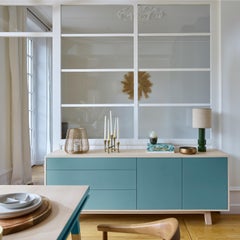 French Light Blue Low 2-Door 3-Drawer Sideboard Design Eric Gizard, Paris