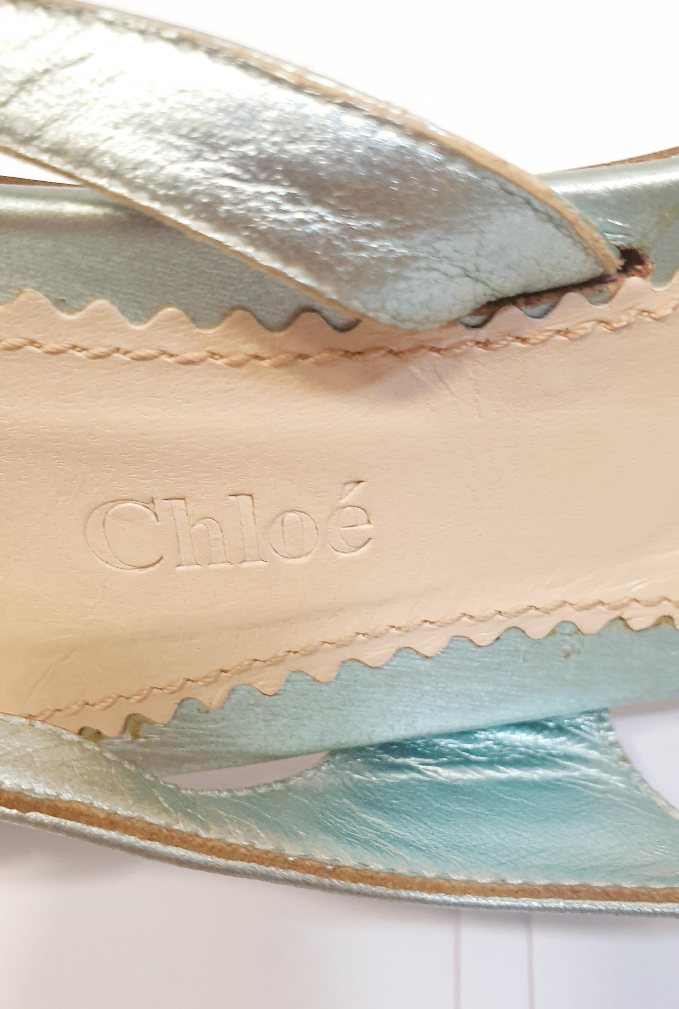 Beige Light Blue metallic  heeled sandals with with black silk lace by Chloé  For Sale