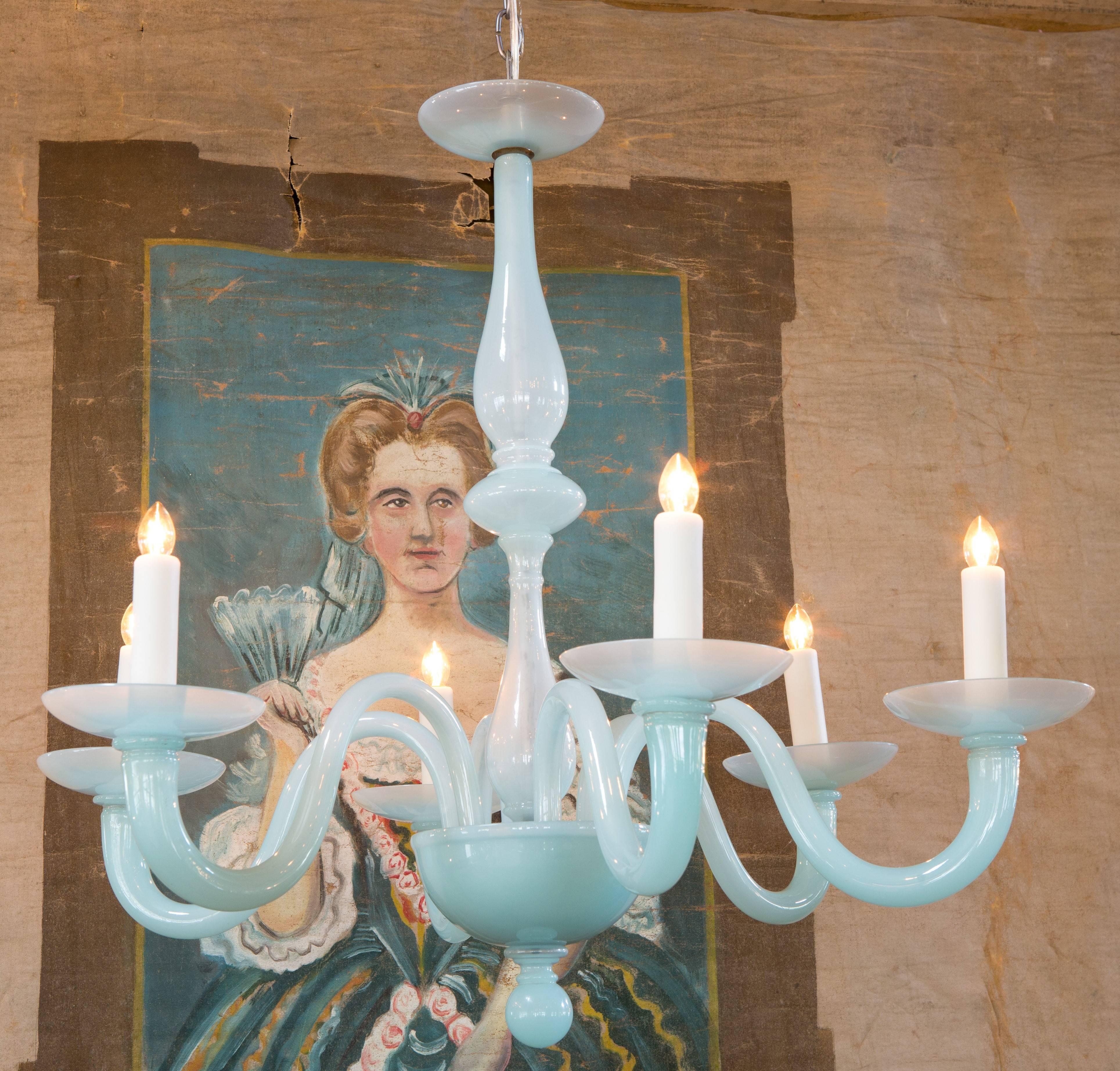 Italian Light Blue Milk Glass Chandelier