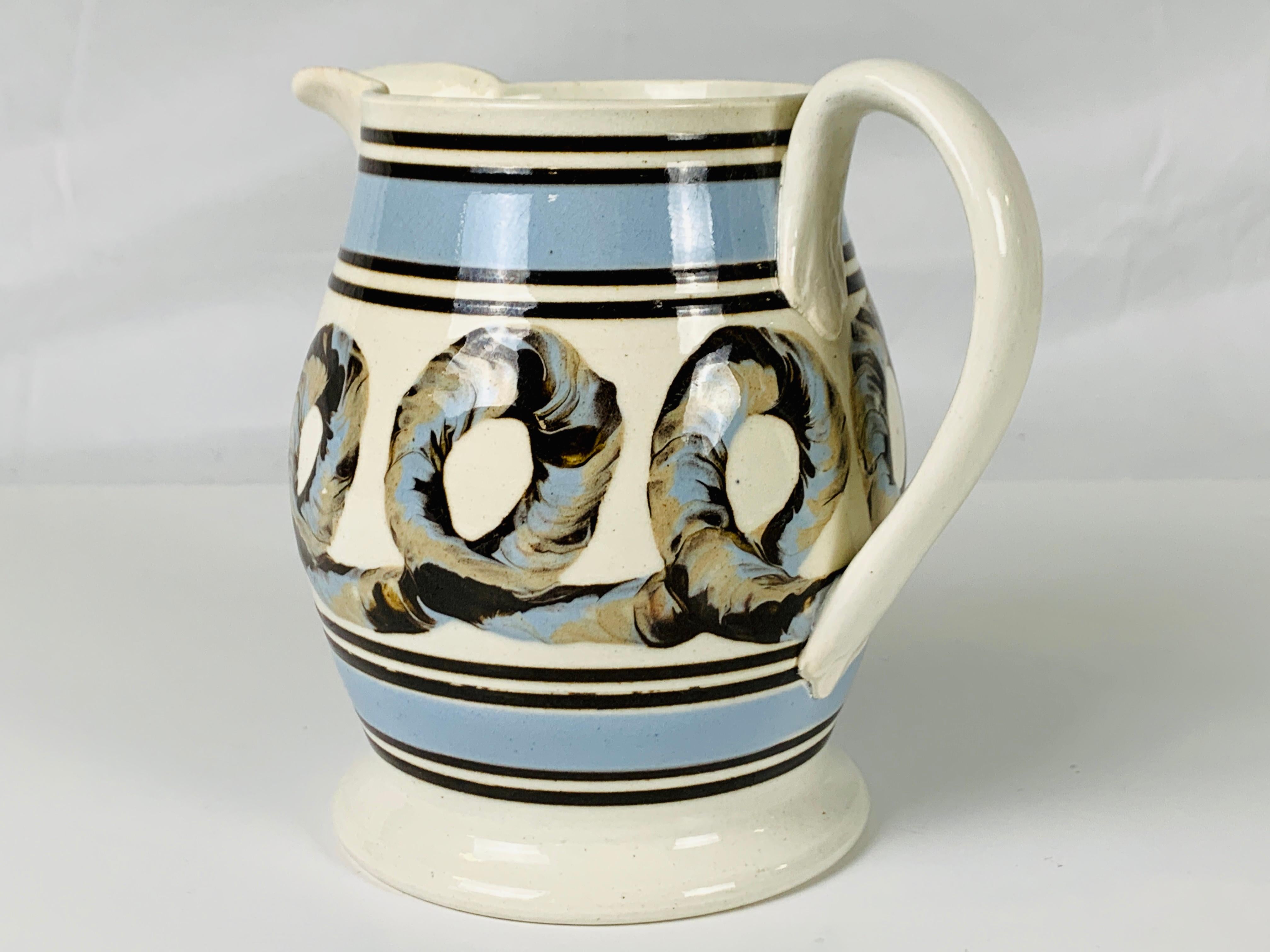 Light Blue Mochaware Pitcher with Cable Decoration, England, circa 1820 In Excellent Condition In Katonah, NY