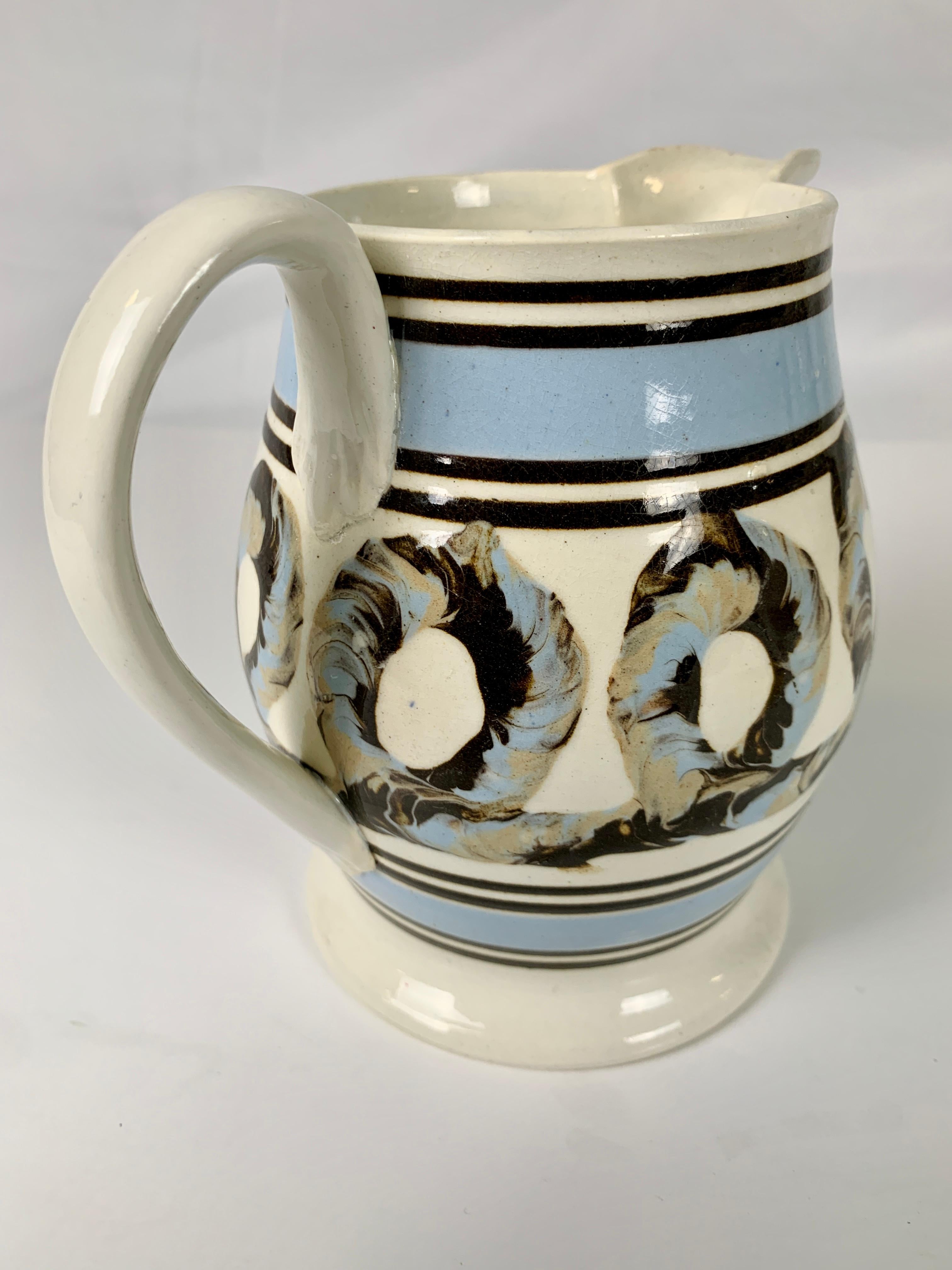 19th Century Light Blue Mochaware Pitcher with Cable Decoration, England, circa 1820