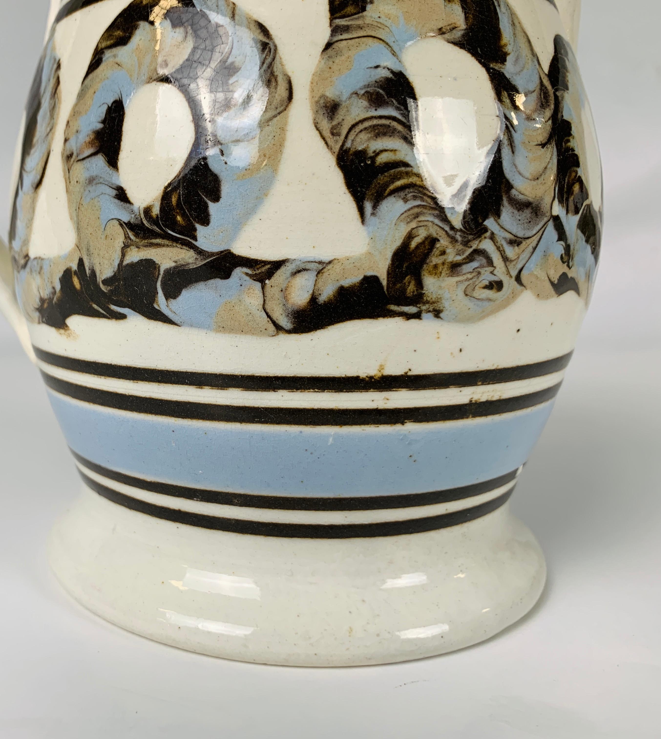 Earthenware Light Blue Mochaware Pitcher with Cable Decoration, England, circa 1820
