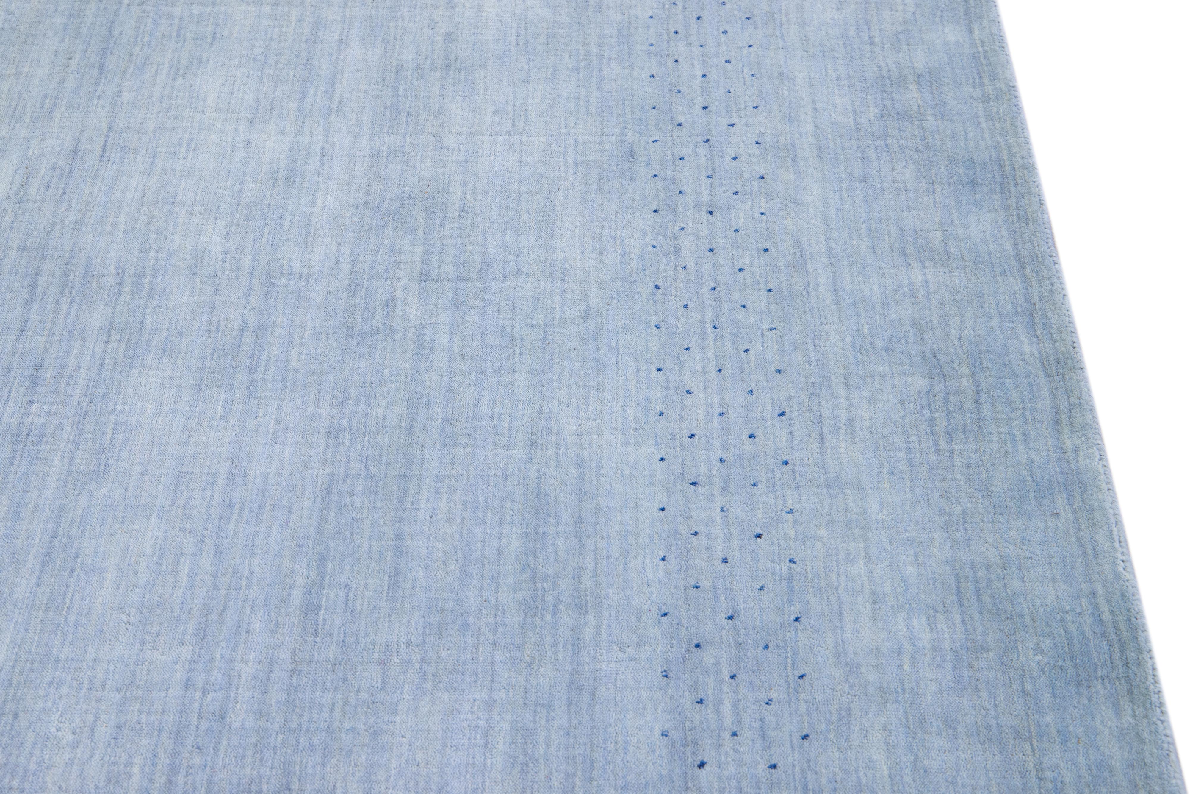 Light Blue Modern Gabbeh Style Hand-Loom Wool Rug with Minimal Design For Sale 4