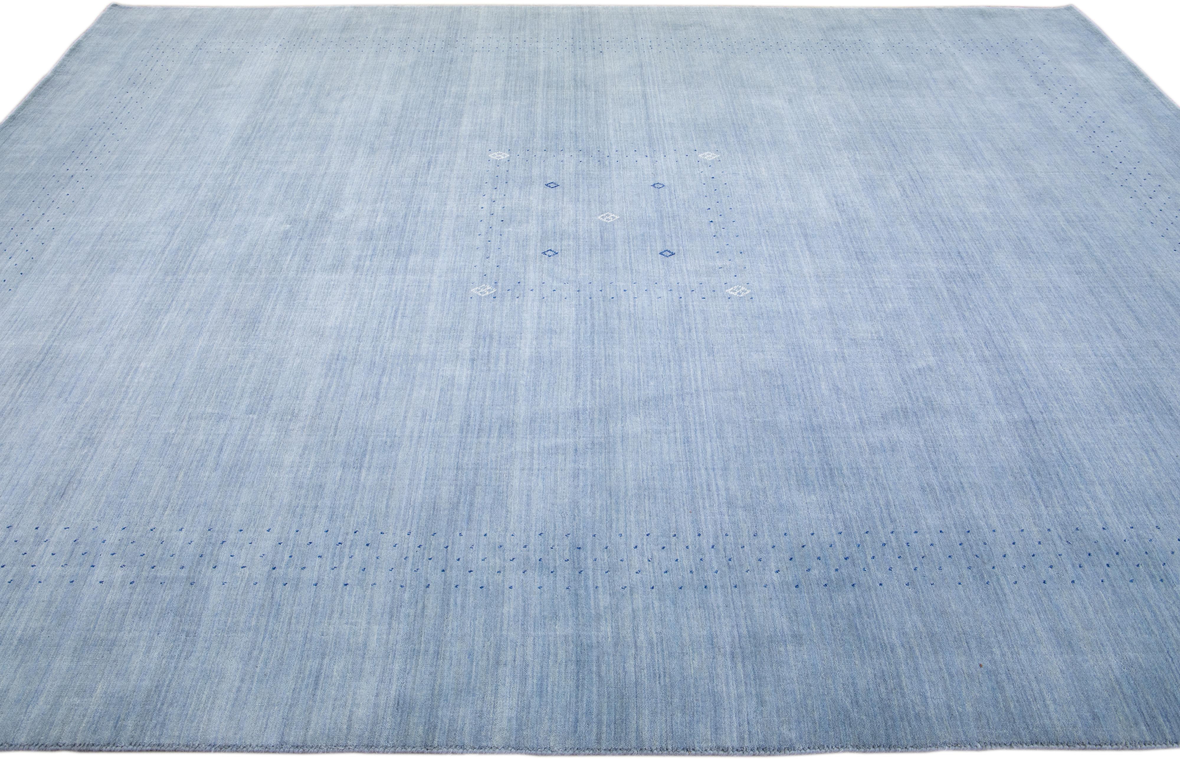Light Blue Modern Gabbeh Style Hand-Loom Wool Rug with Minimal Design In New Condition For Sale In Norwalk, CT