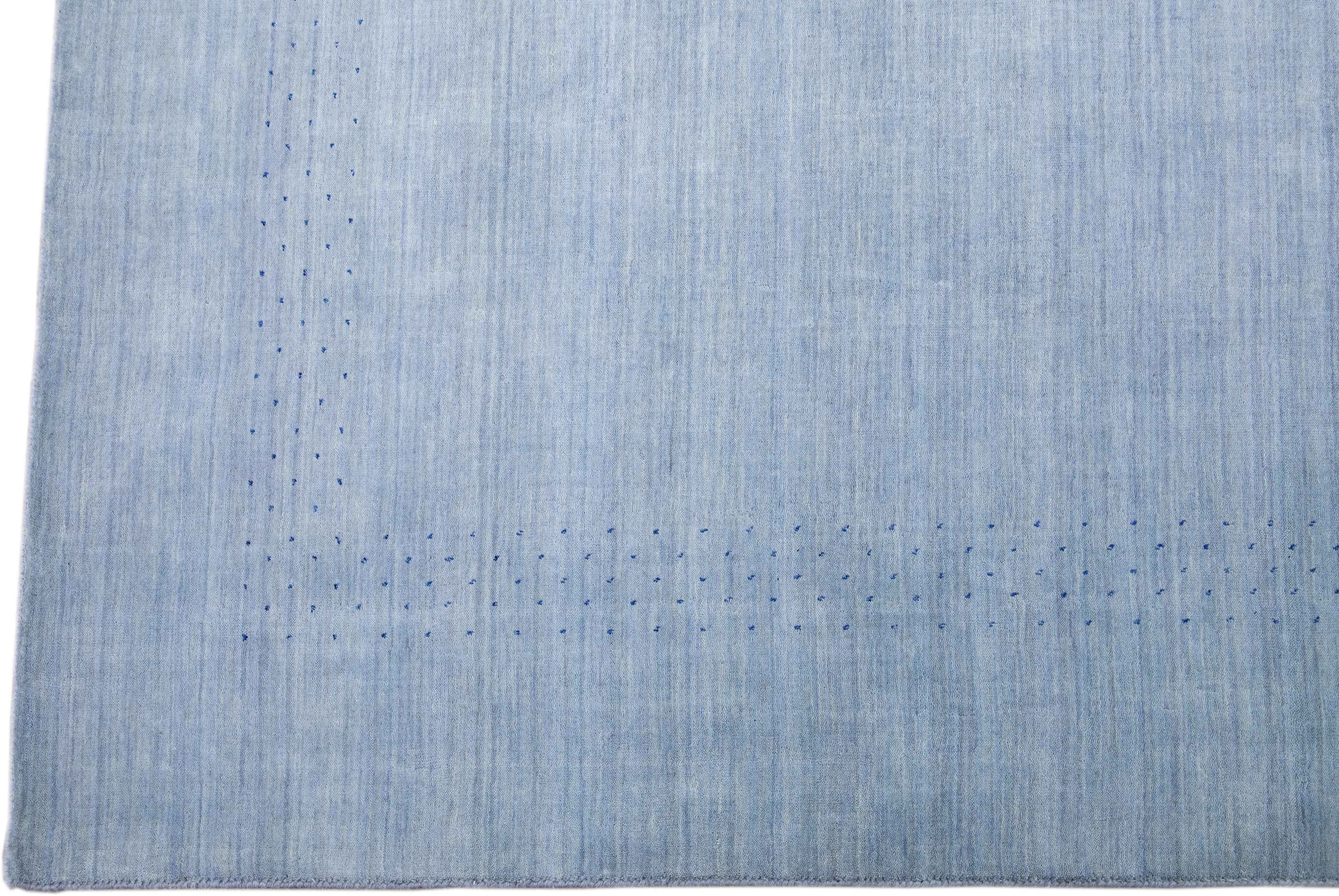 Light Blue Modern Gabbeh Style Hand-Loom Wool Rug with Minimal Design For Sale 1