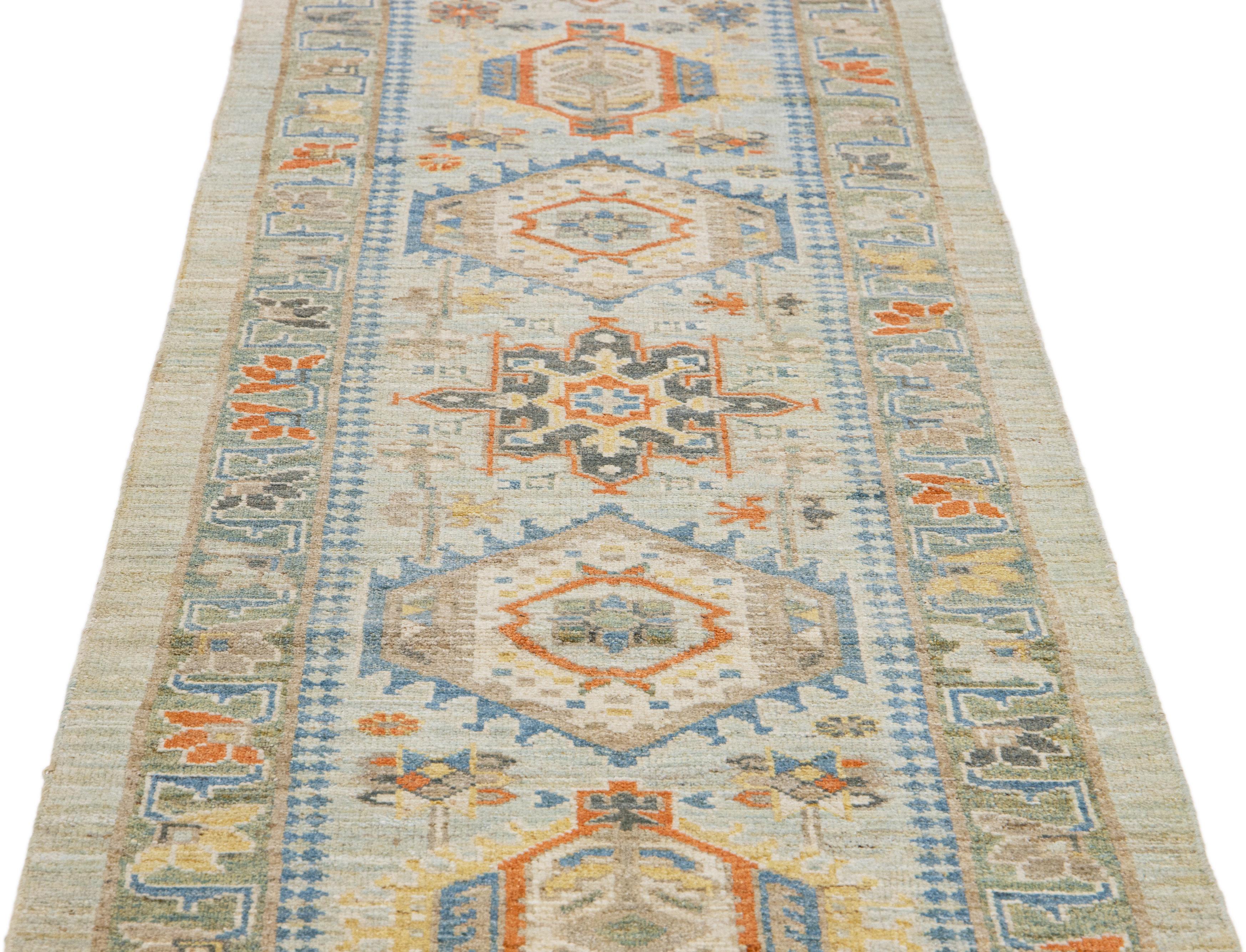 Islamic Light Blue Modern Heriz Handmade Wool Runner For Sale