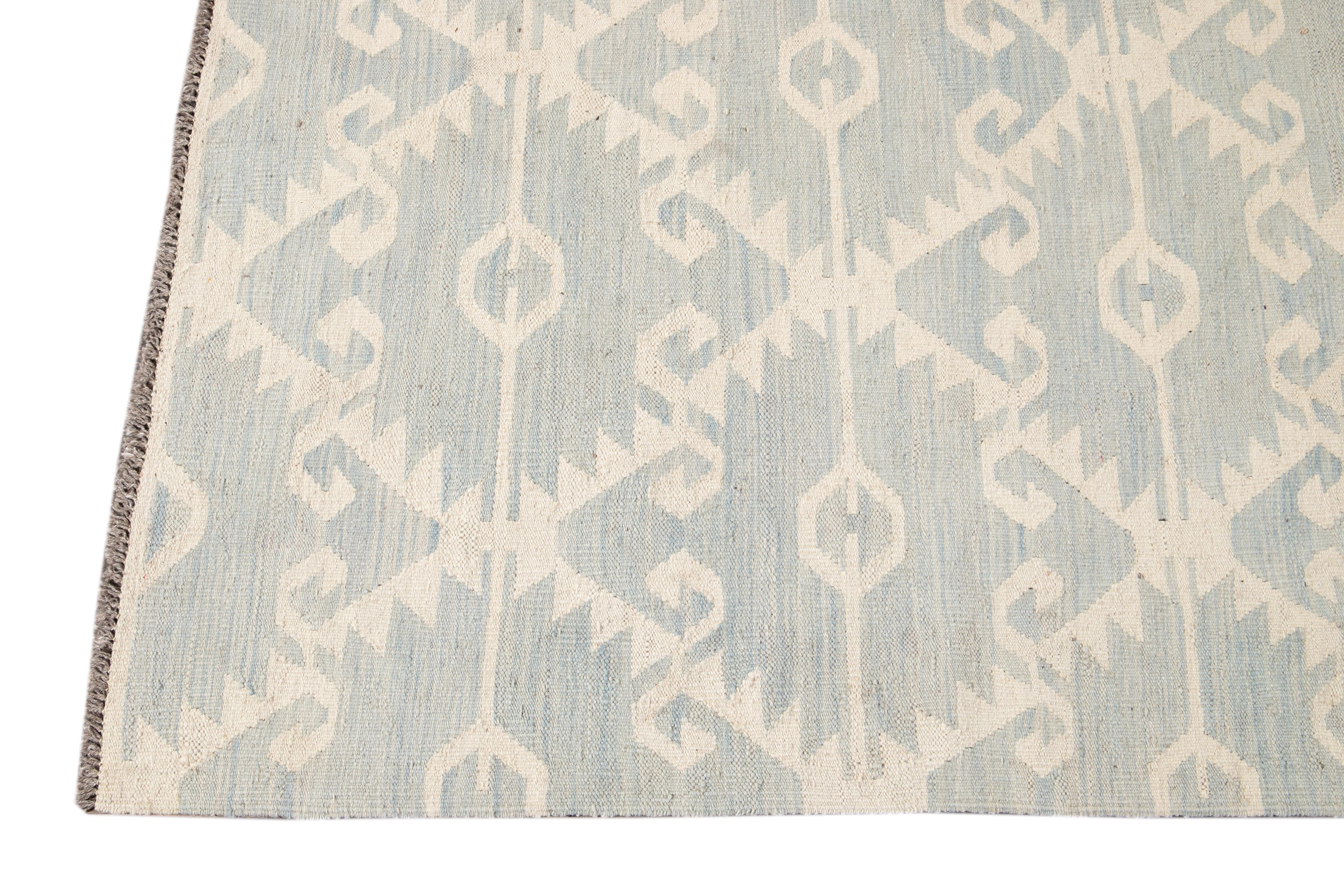 Hand-Knotted Light Blue Modern Kilim Flatweave Wool Rug with Tribal Motif  For Sale
