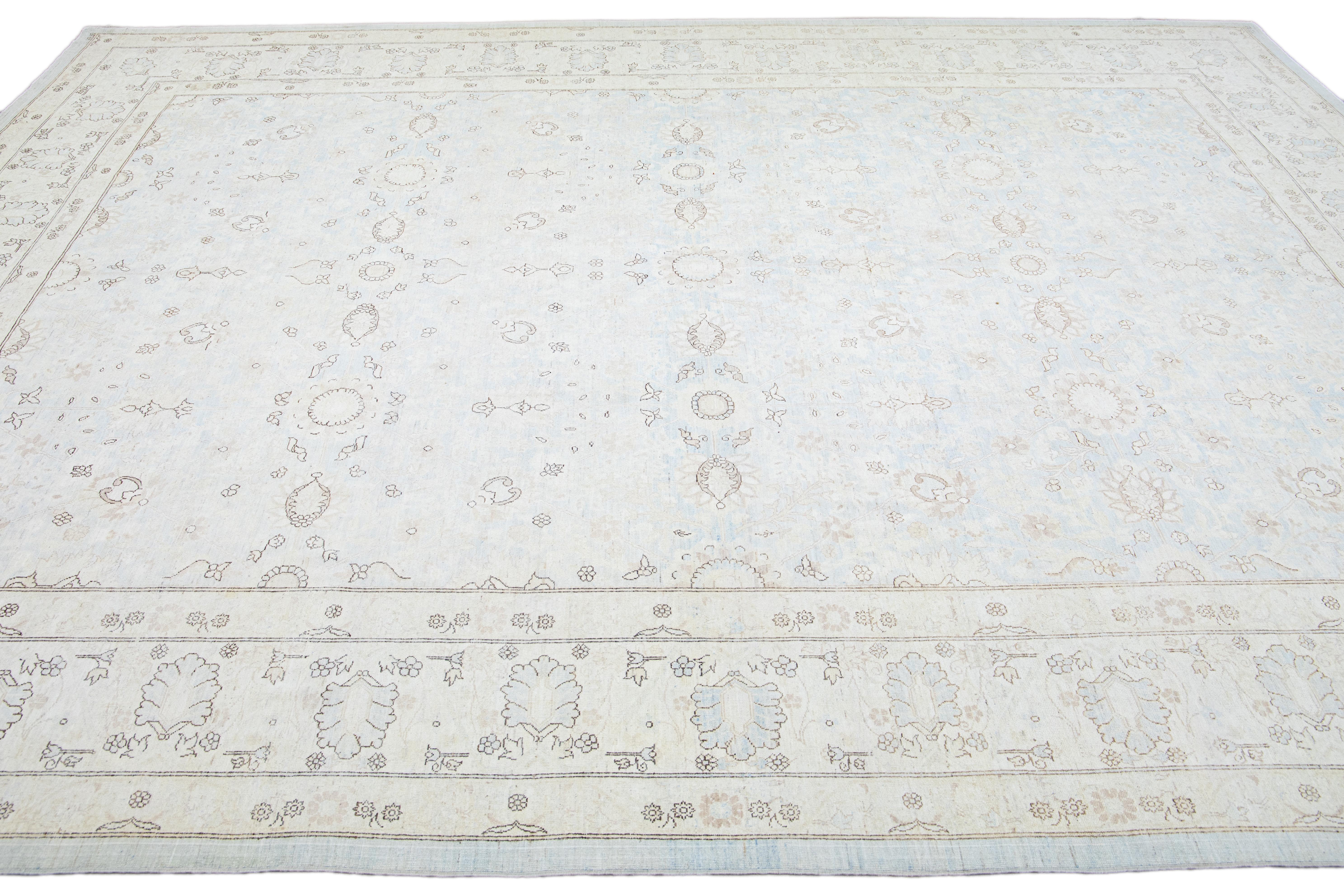 Hand-Knotted Light Blue Modern Persian Tabriz Style Handmade Floral Wool Rug For Sale