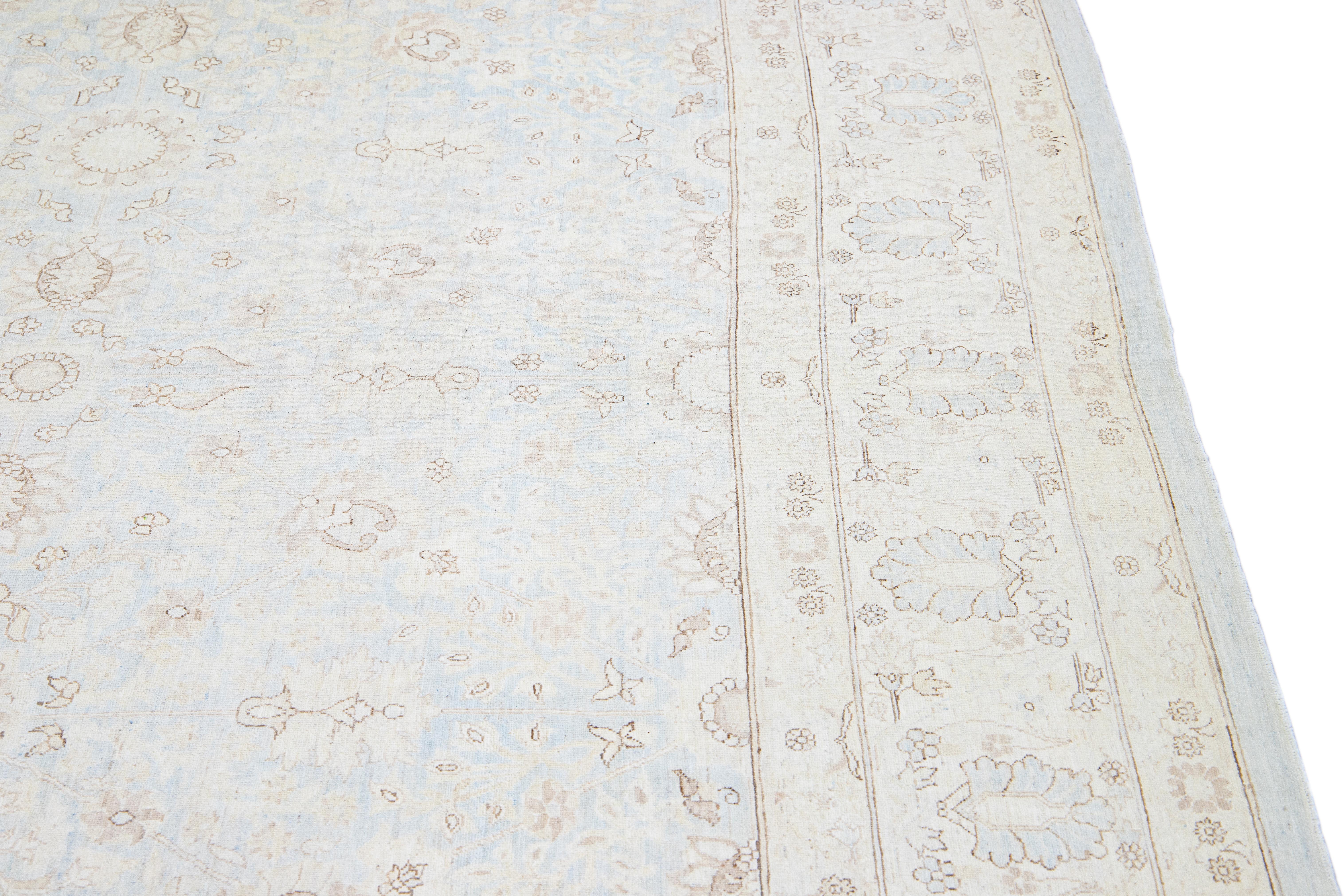 Light Blue Modern Persian Tabriz Style Handmade Floral Wool Rug For Sale 2