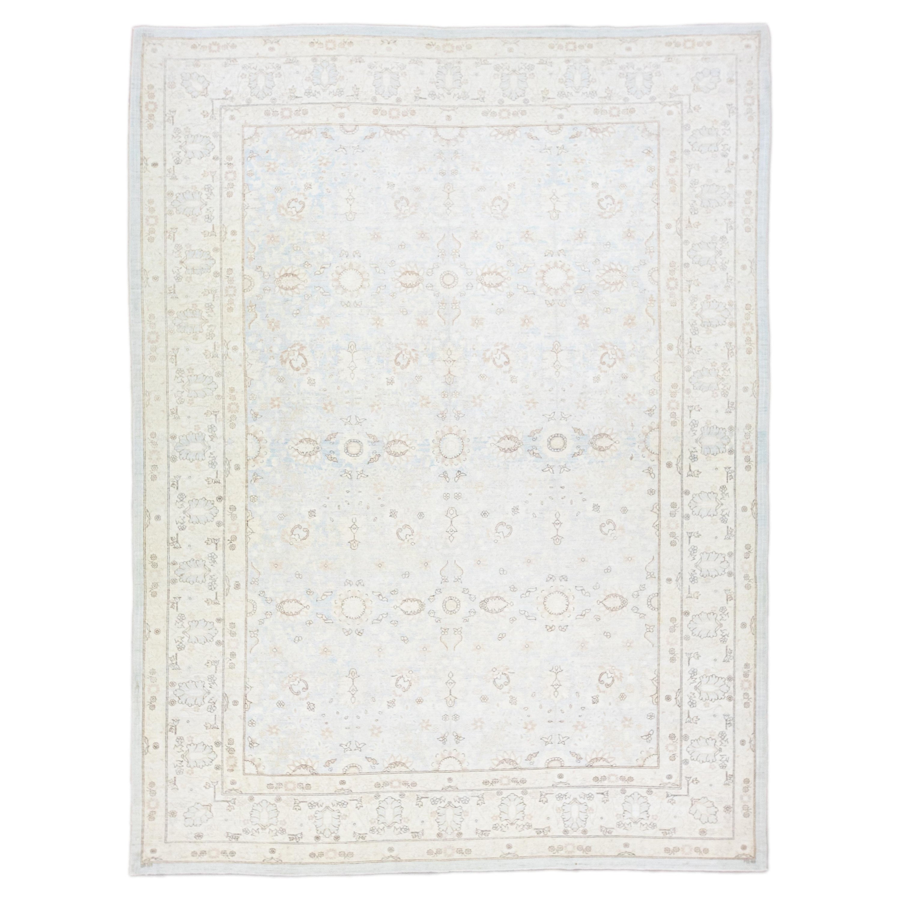 Light Blue Modern Persian Tabriz Style Handmade Floral Wool Rug For Sale