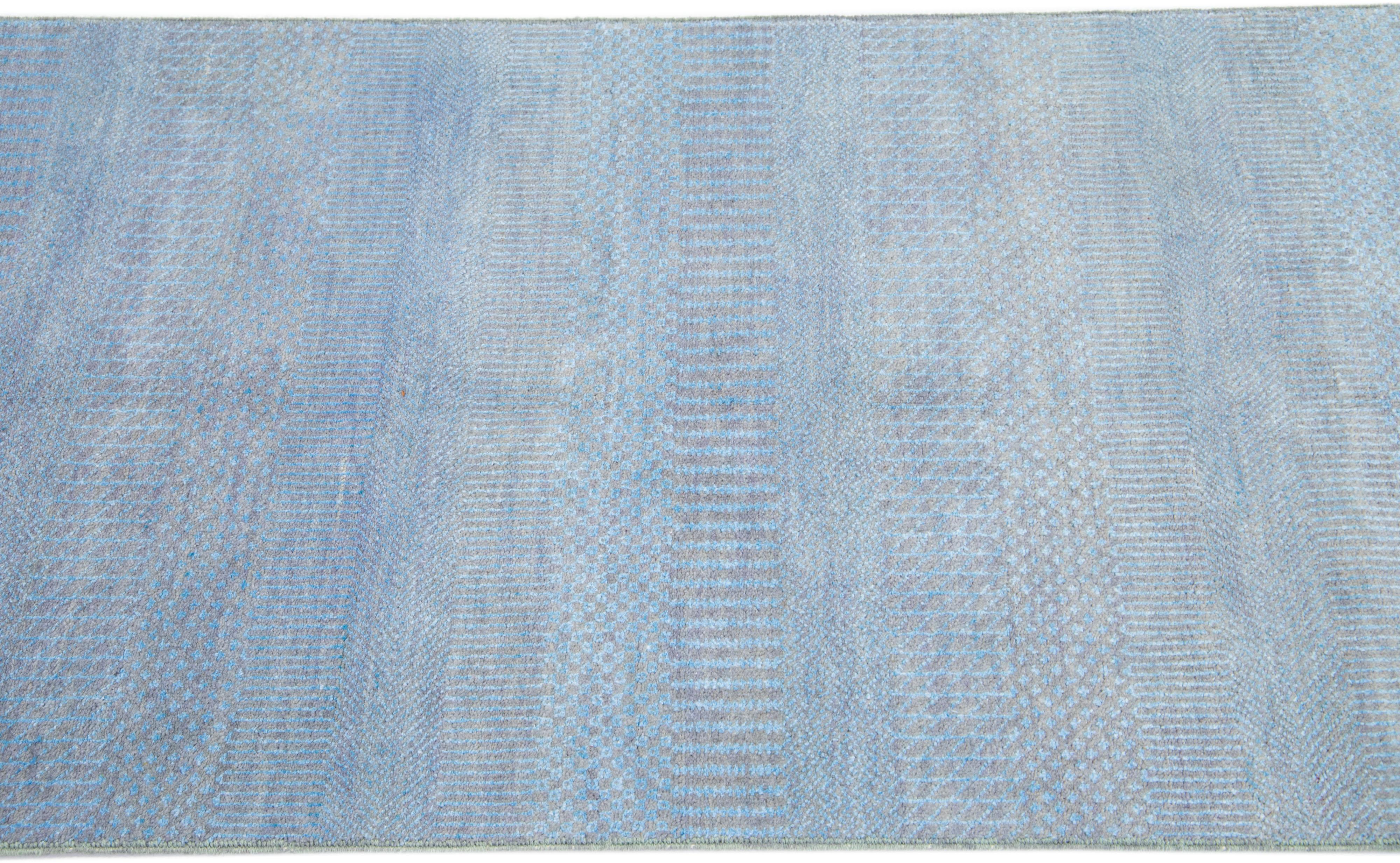 Indian Light Blue Modern Savannah Wool Runner Handmade with Subtle Geometric Pattern For Sale