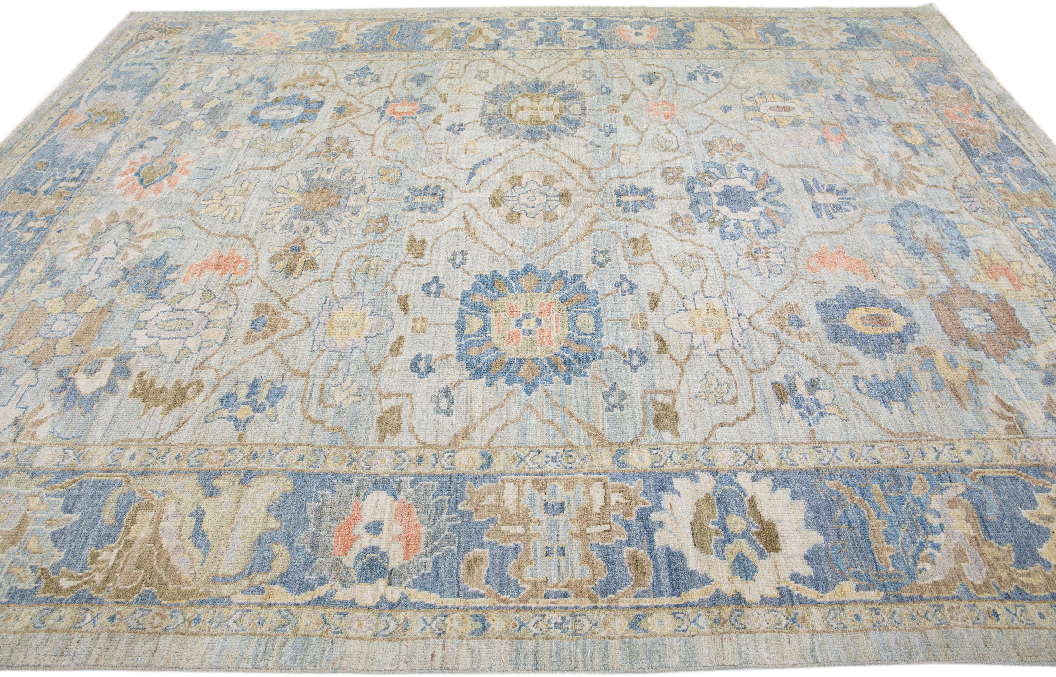 Hand-Knotted Light Blue Modern Sultanabad Floral Wool Rug For Sale