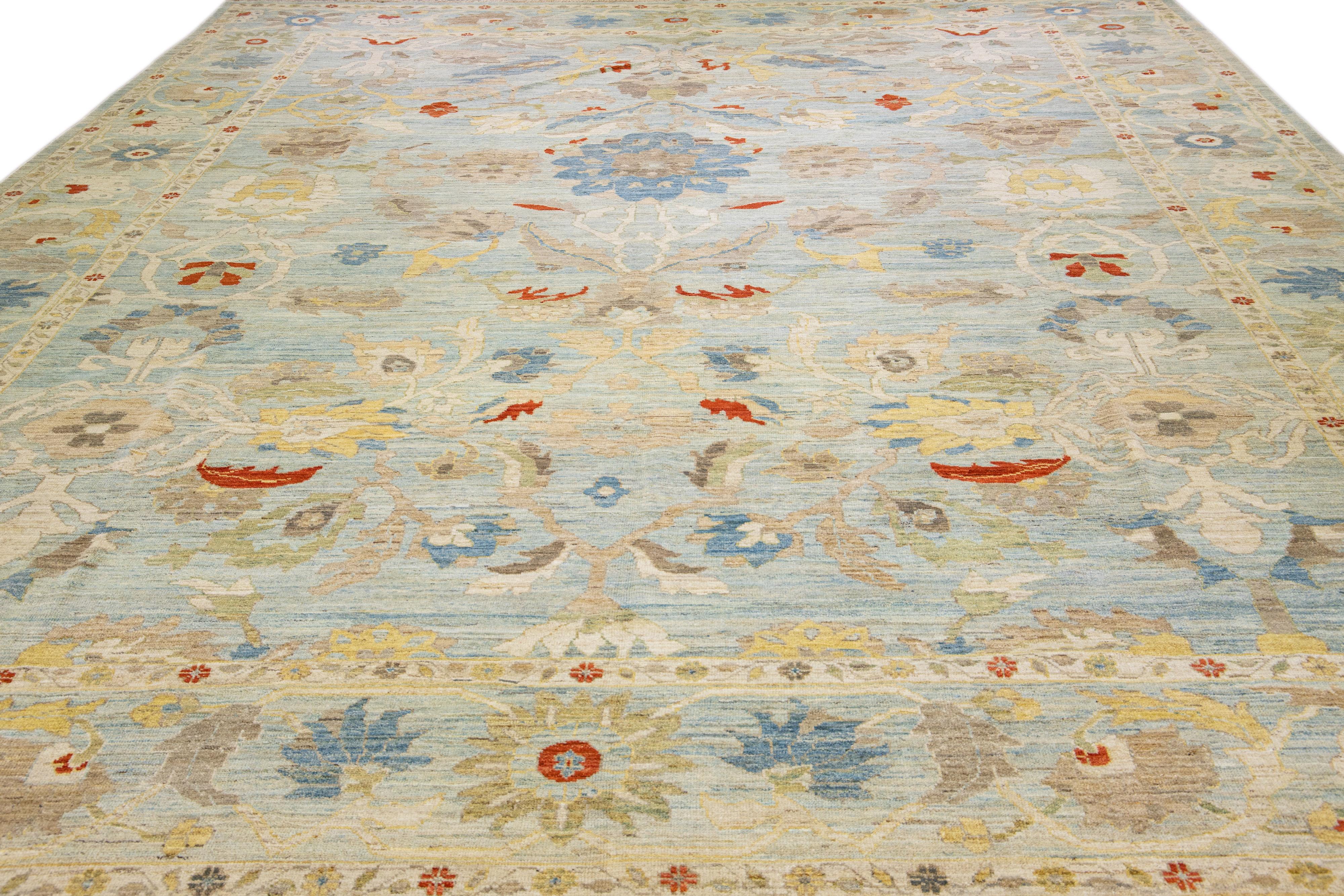 Persian Light Blue Modern Sultanabad Handmade Floral Pattern Wool Rug For Sale