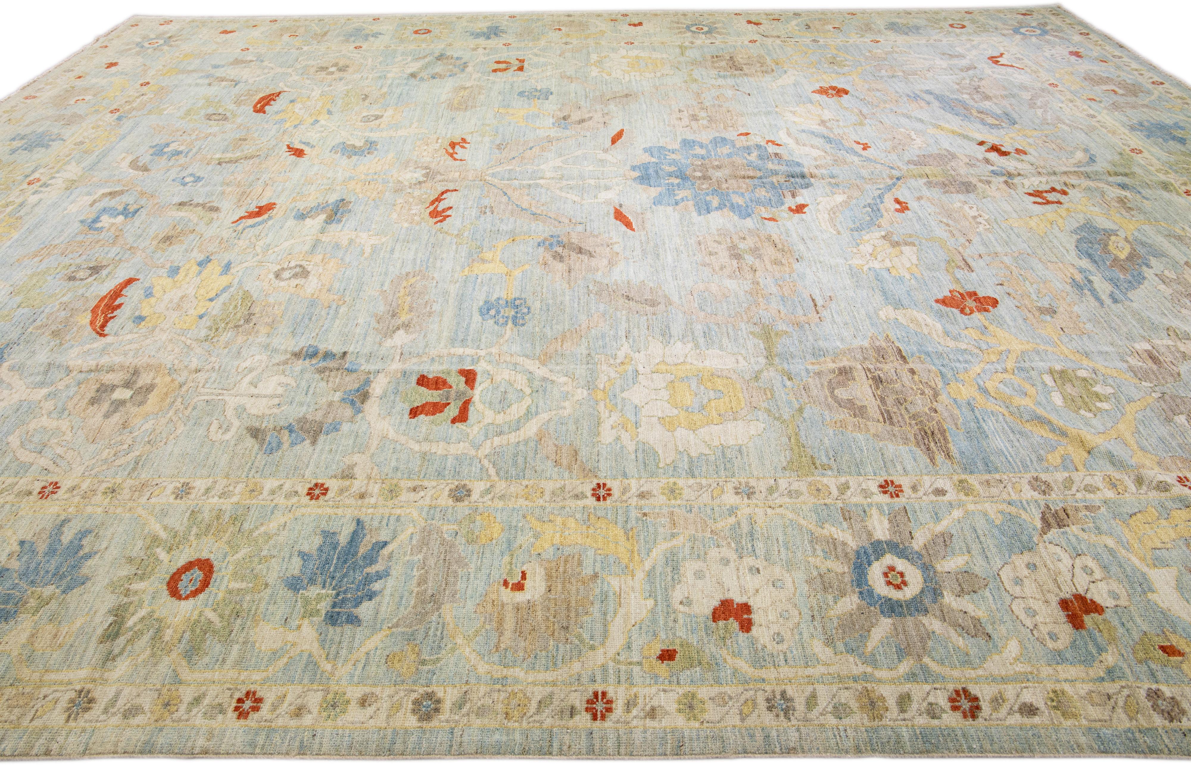 Hand-Knotted Light Blue Modern Sultanabad Handmade Floral Pattern Wool Rug For Sale