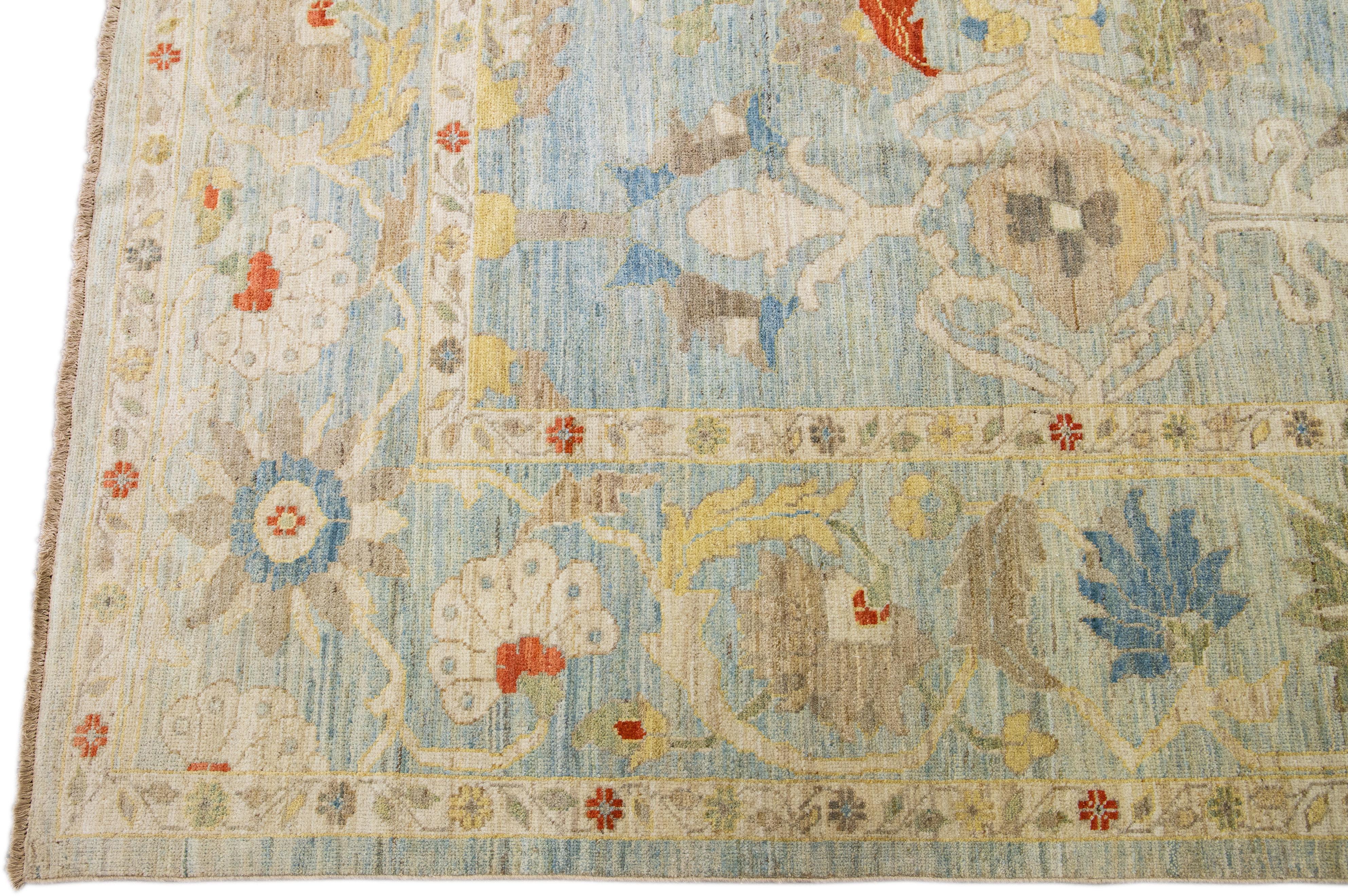 Light Blue Modern Sultanabad Handmade Floral Pattern Wool Rug In New Condition For Sale In Norwalk, CT