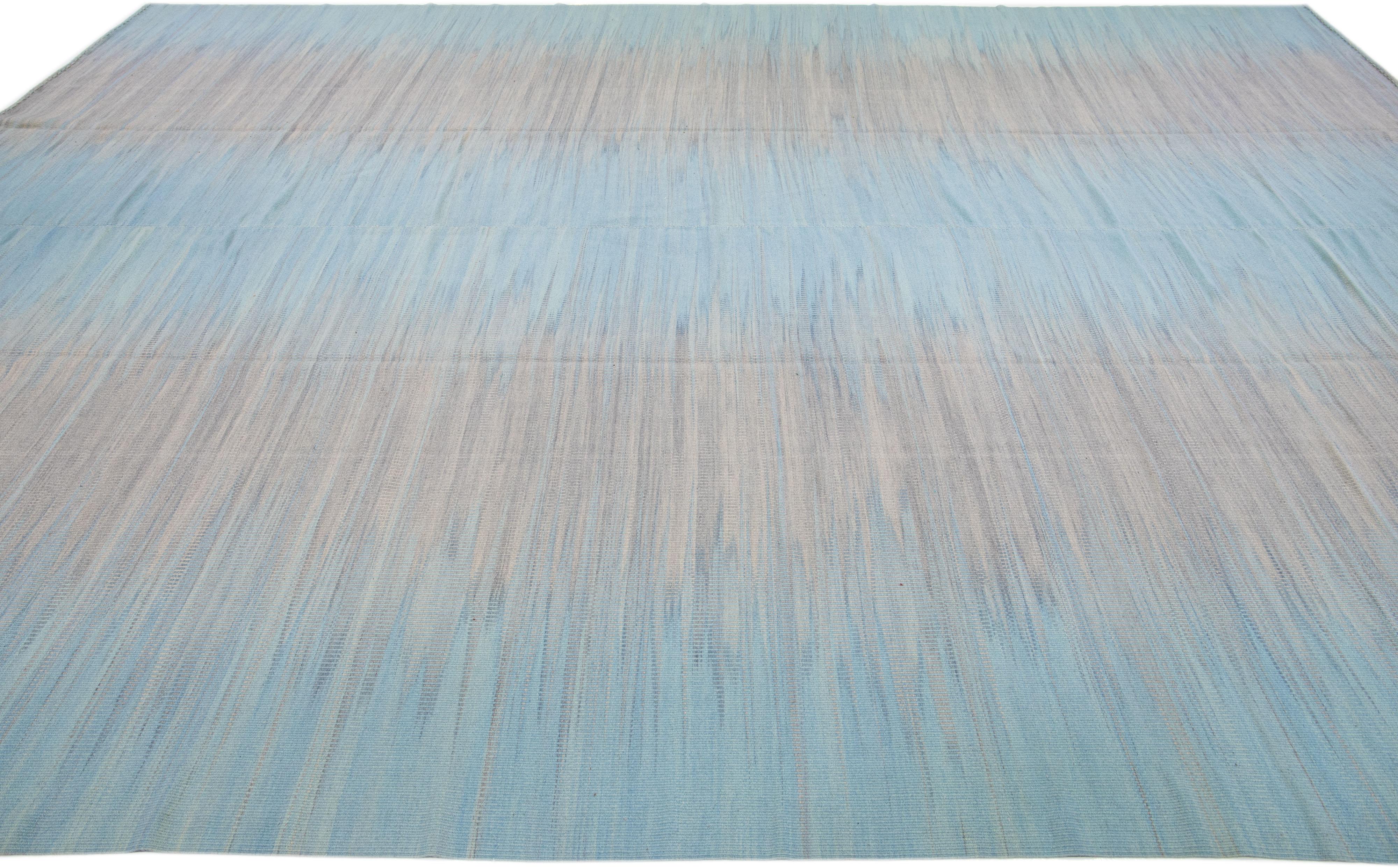 Contemporary Light Blue Modern Turkish Kilim Flatweave Wool Rug with Beige Abstract Design For Sale