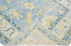 Light Blue Modern Turkish Oushak Handmade Floral Designed Wool Runner
