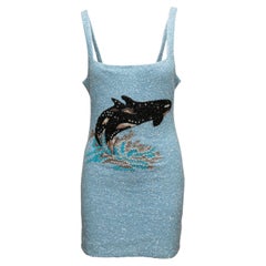 Light Blue & Multicolor Oceanus Hand-Beaded Orca Mini Dress Designer Size L
