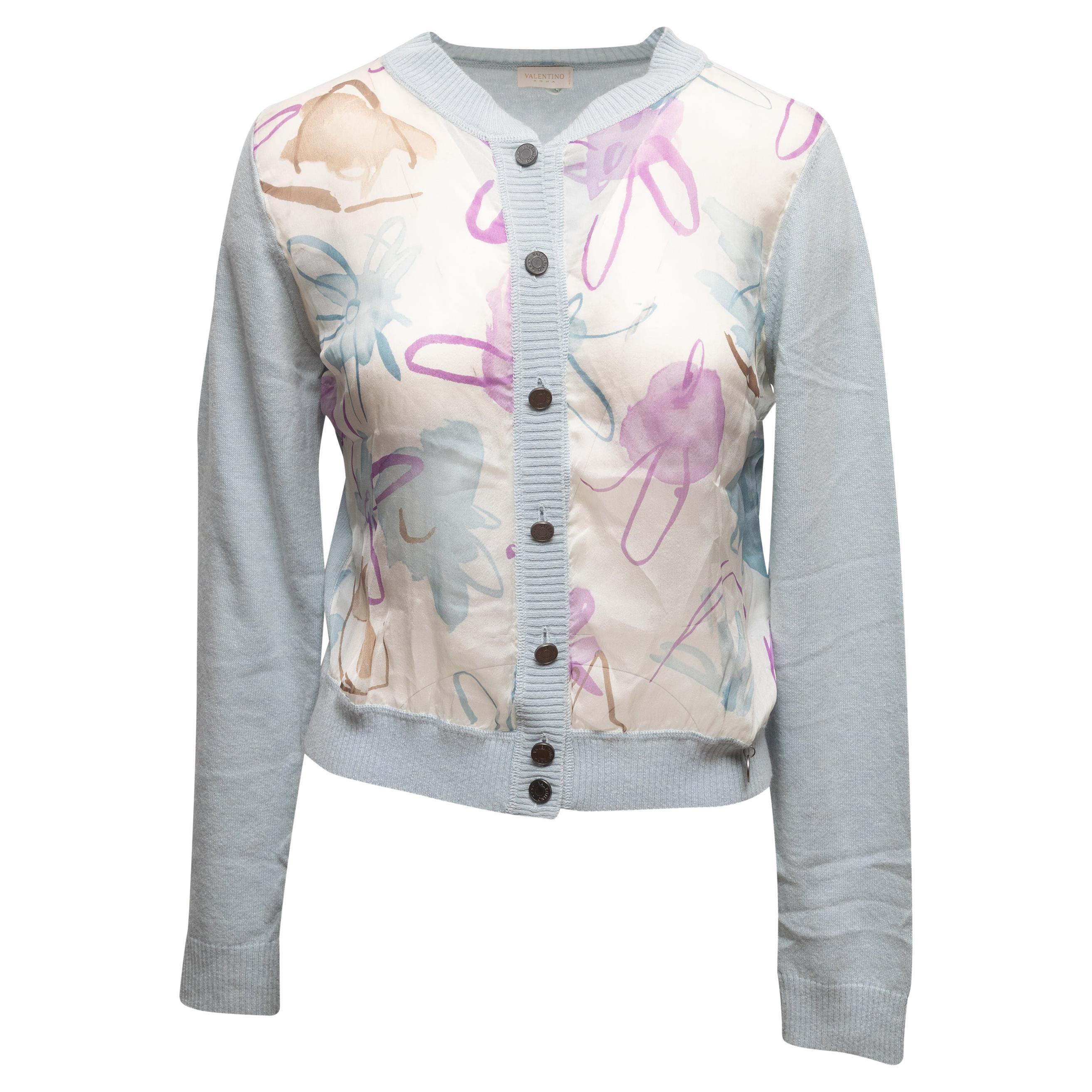 Light Blue & Multicolor Valentino Wool-Blend Floral Cardigan Size US S